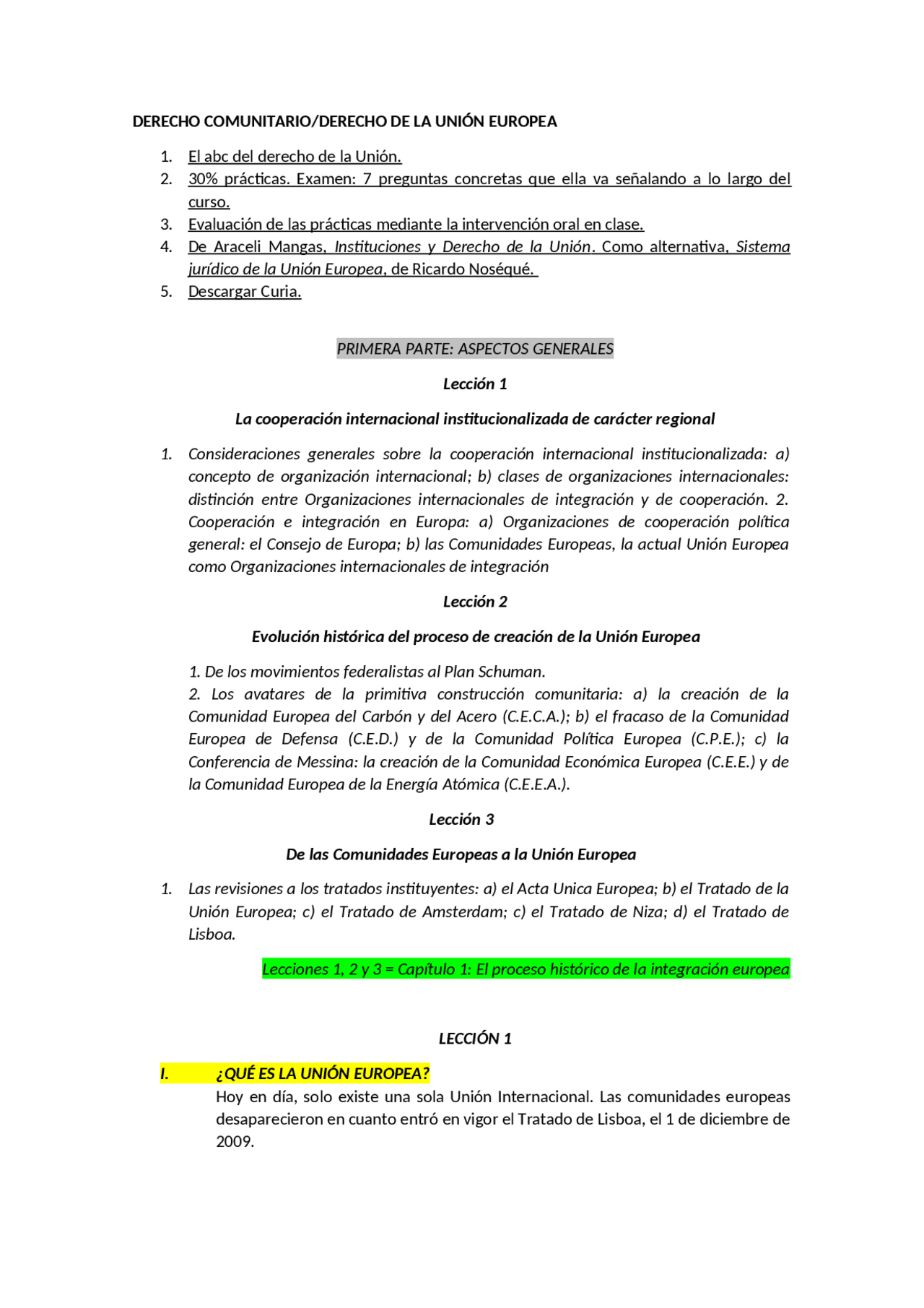 DERECHO DE LA UNIÓN EUROPEA - Docsity