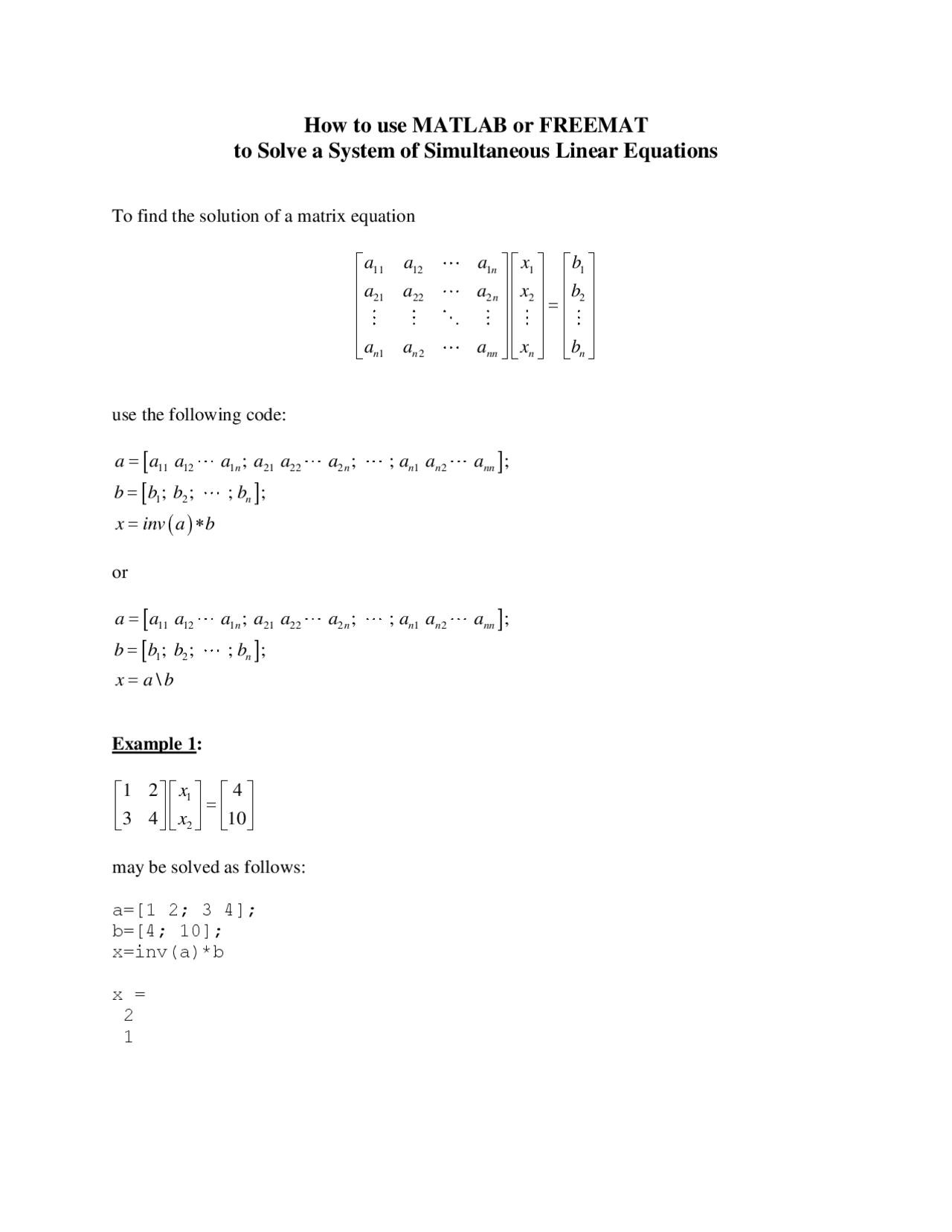 How to use MATLAB to Solve a System of Simultaneous Linear Equations ...