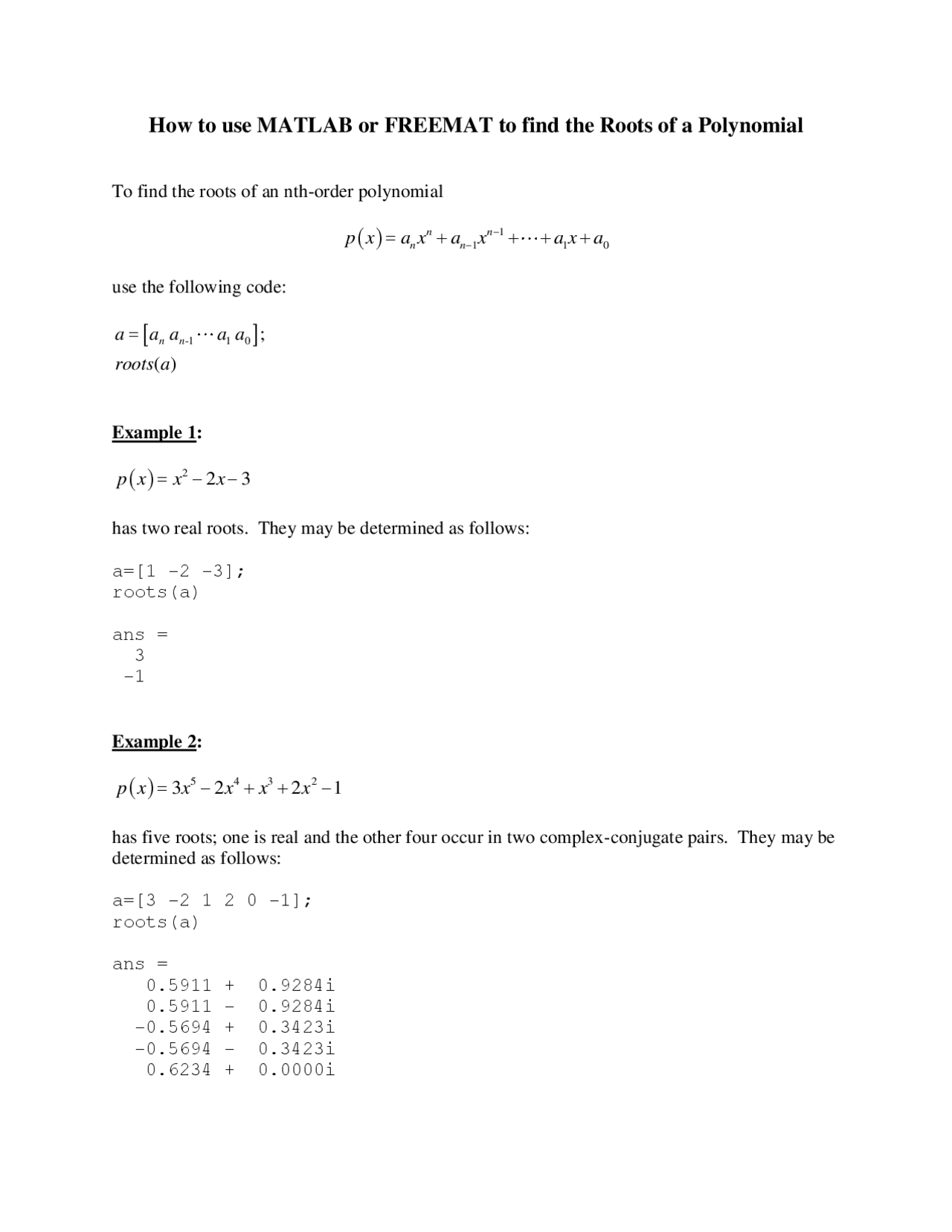How to use MATLAB to find the Roots of a Polynomial.pdf - Docsity