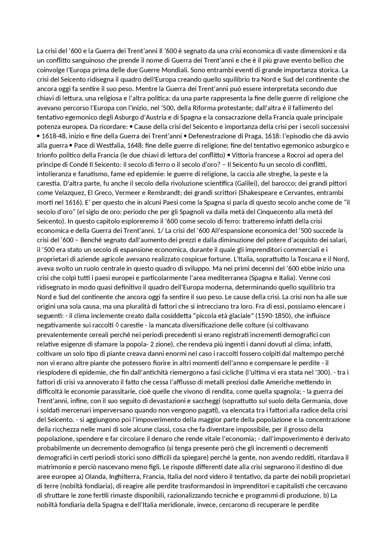 La crisi del 600 riassunto breve Appunti di Storia Docsity