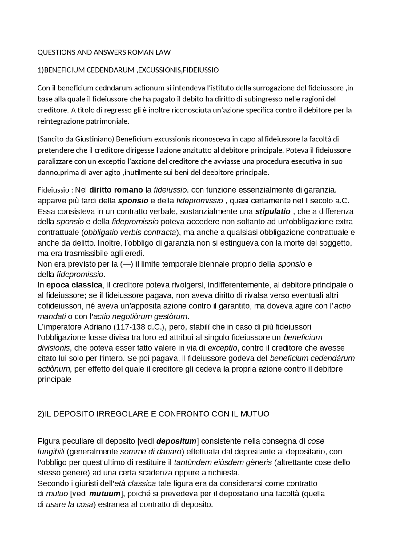Questions and answers roman law - Docsity