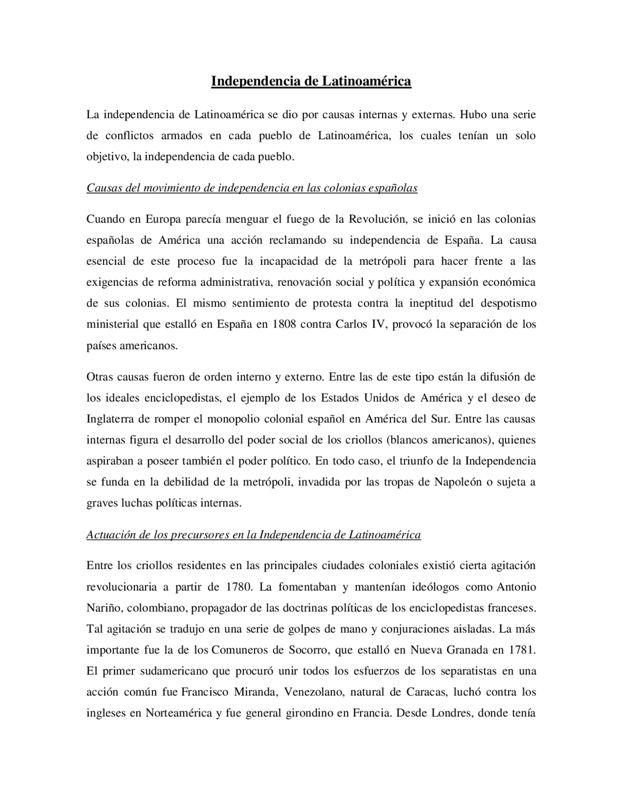 Resumen De La Independencia Latinoamericana Docsity