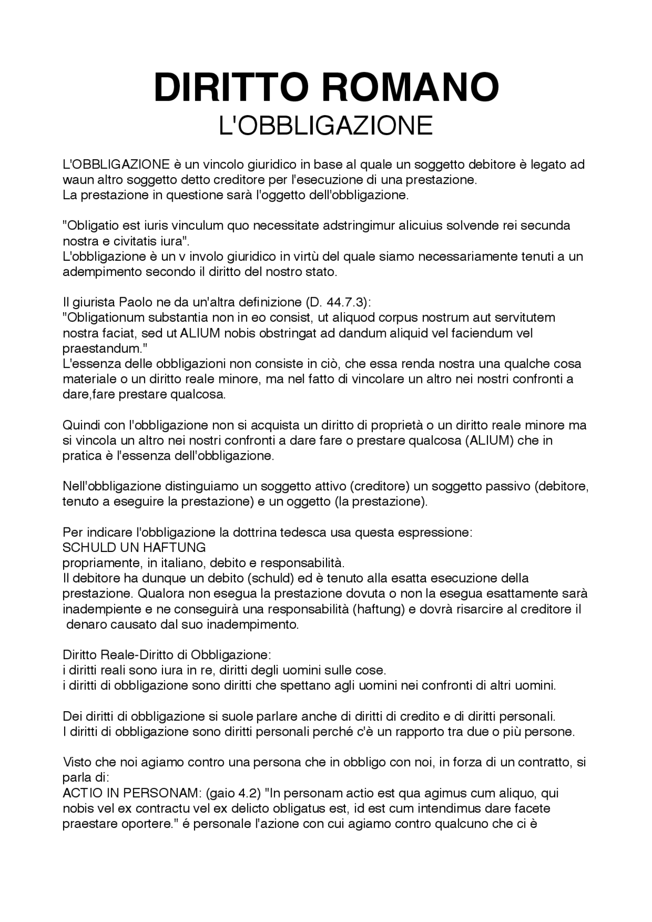 L'obbligazione nel diritto Romano | Appunti di Diritto Romano | Docsity
