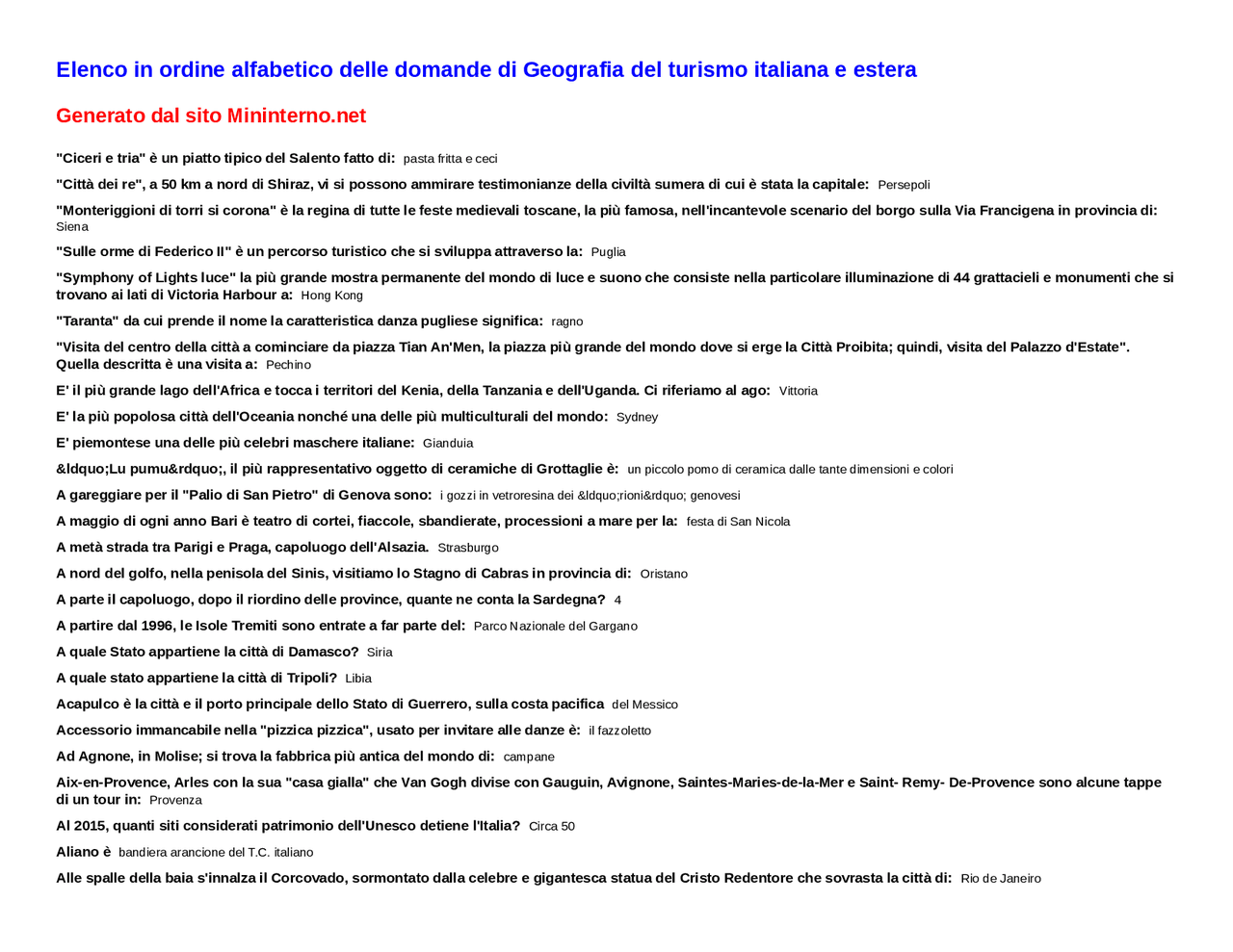 Elenco quesiti geografia del turismo italiana e estera(domande e