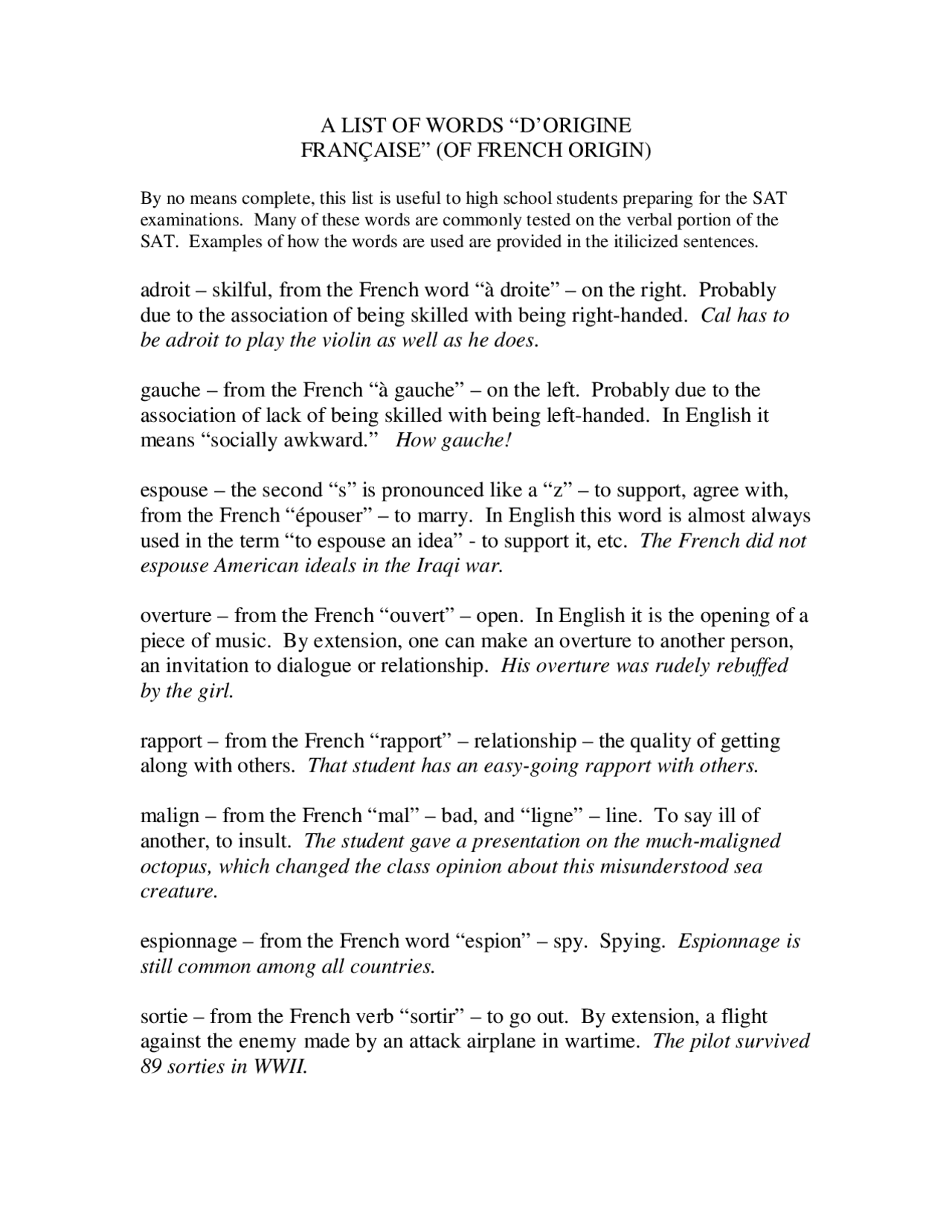 A LIST OF WORDS “D’ORIGINE FRANÇAISE” (OF FRENCH ORIGIN) Docsity