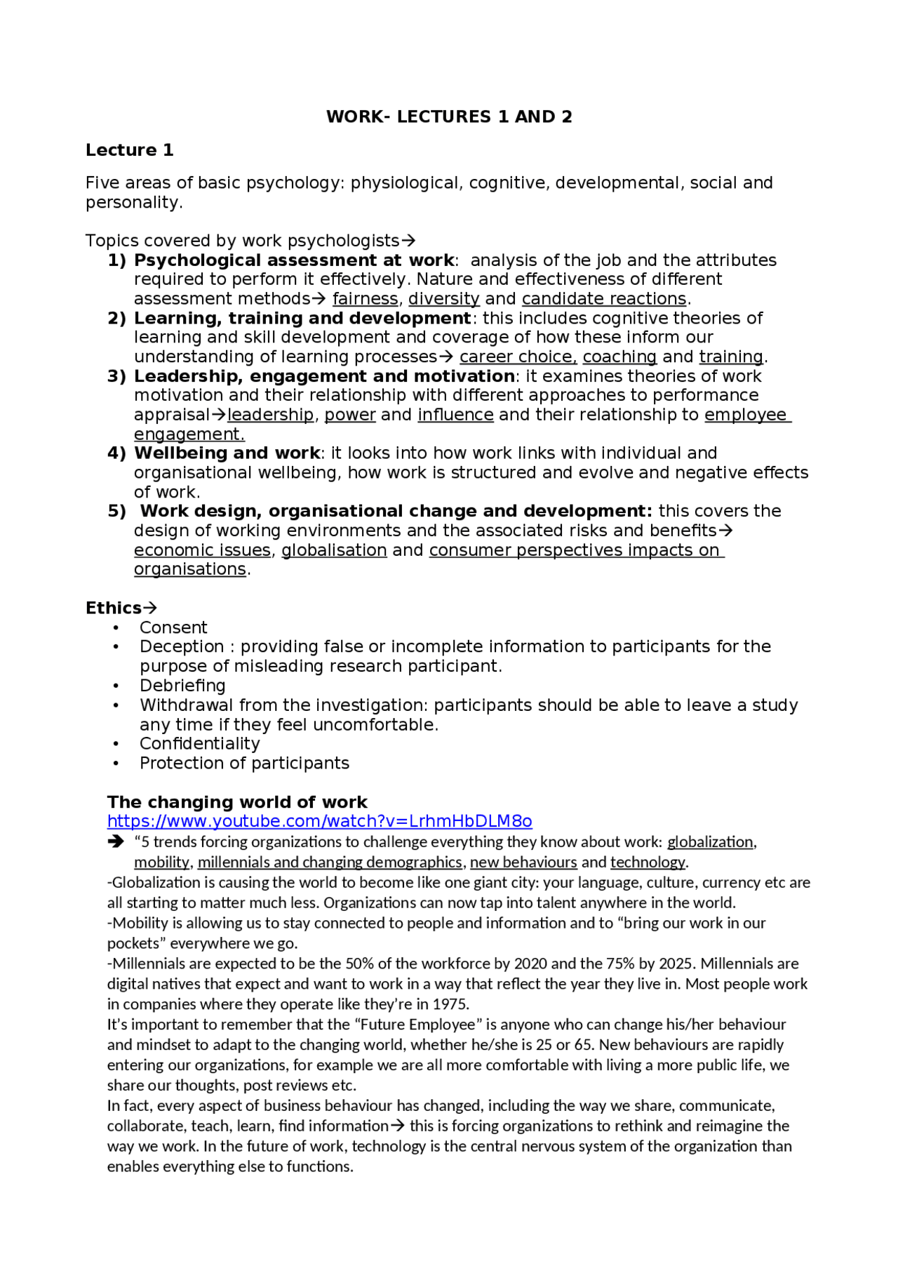 Lectures 1 and 2, Work Psychology UniPd Docsity