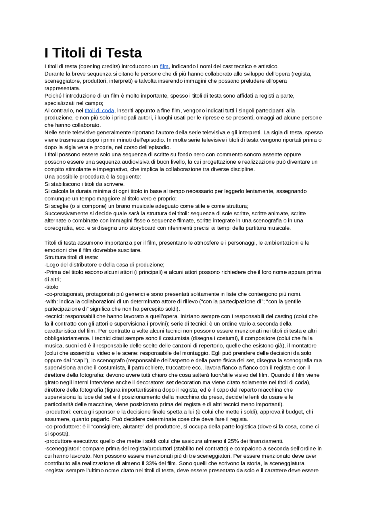 TITOLI DI TESTA cinema Appunti di Teoria della comunicazione Docsity