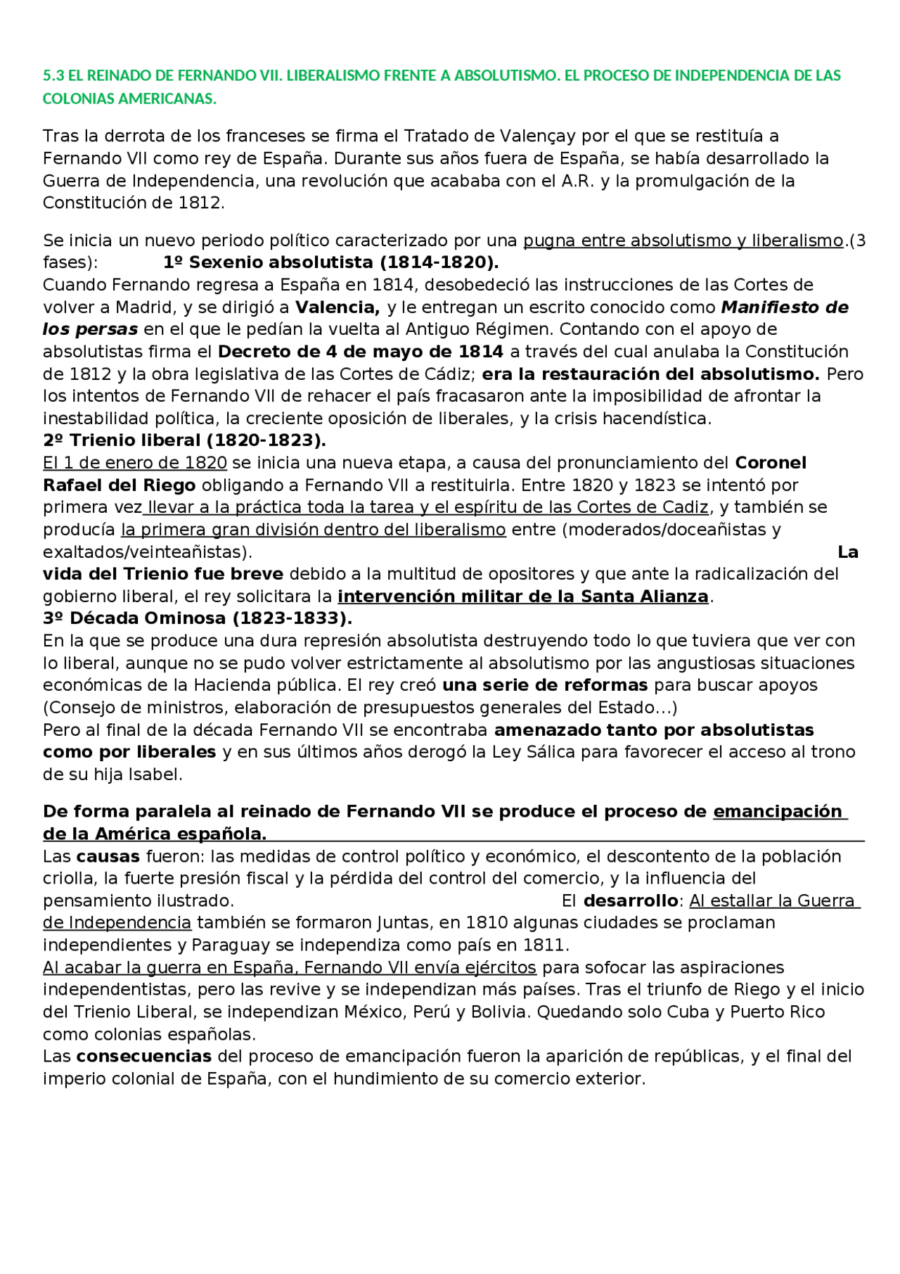 Bloque 5 El Reinado De Fernando Vii El Proceso De Independencia De Las Colonias Americanas Docsity