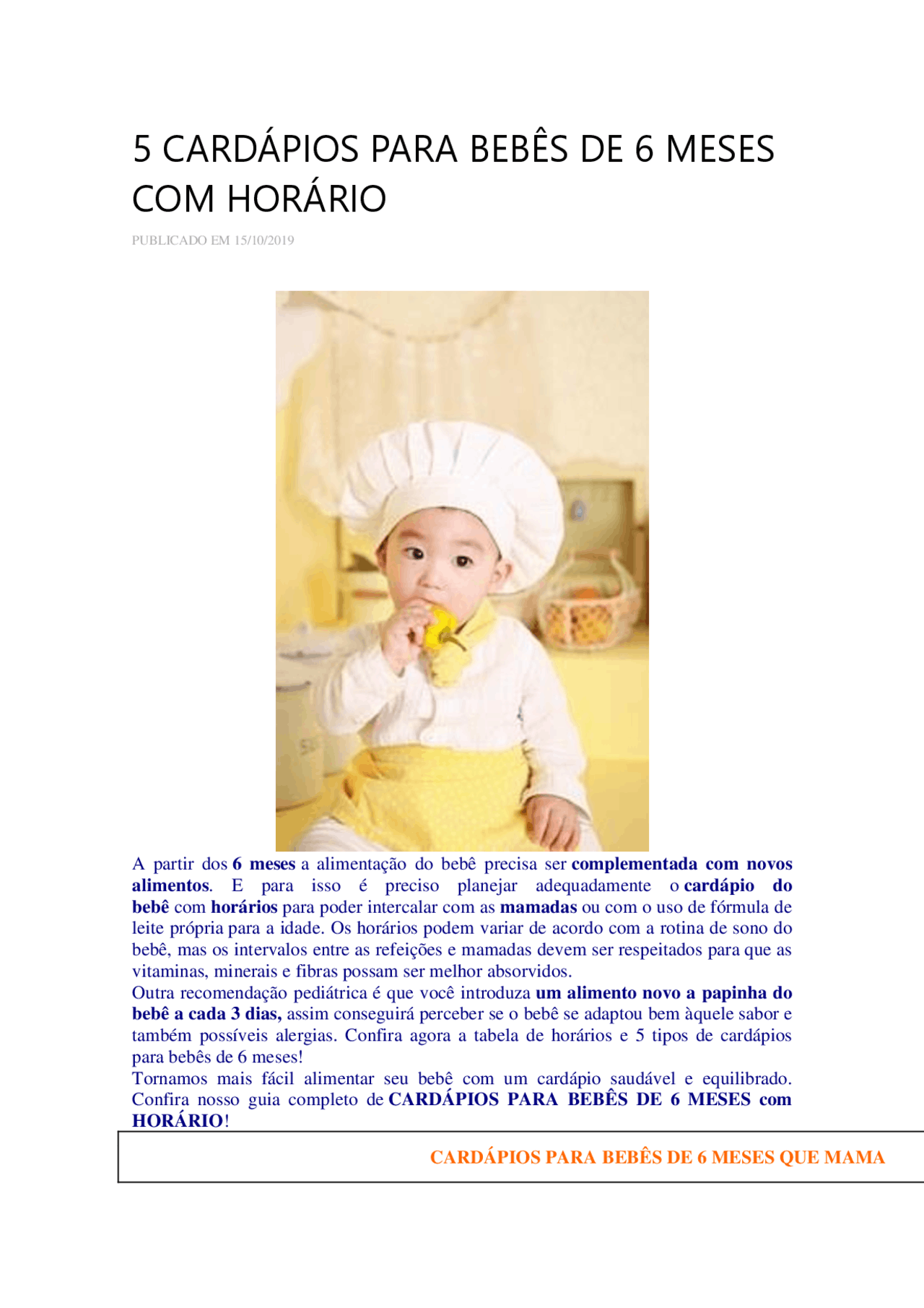 Cardapios Para Bebes De 6 Meses Com Horario Docsity