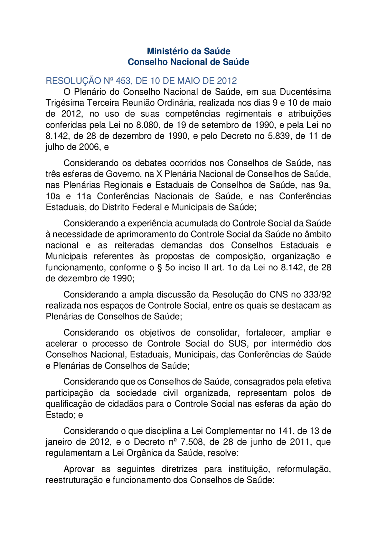 Resolução para DEFINIÇÃO DE CONSELHO DE SAÚDE - Docsity