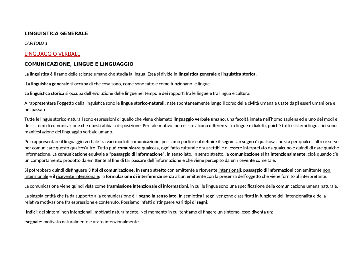 La linguistica: un corso introduttivo 1 capitolo - Docsity