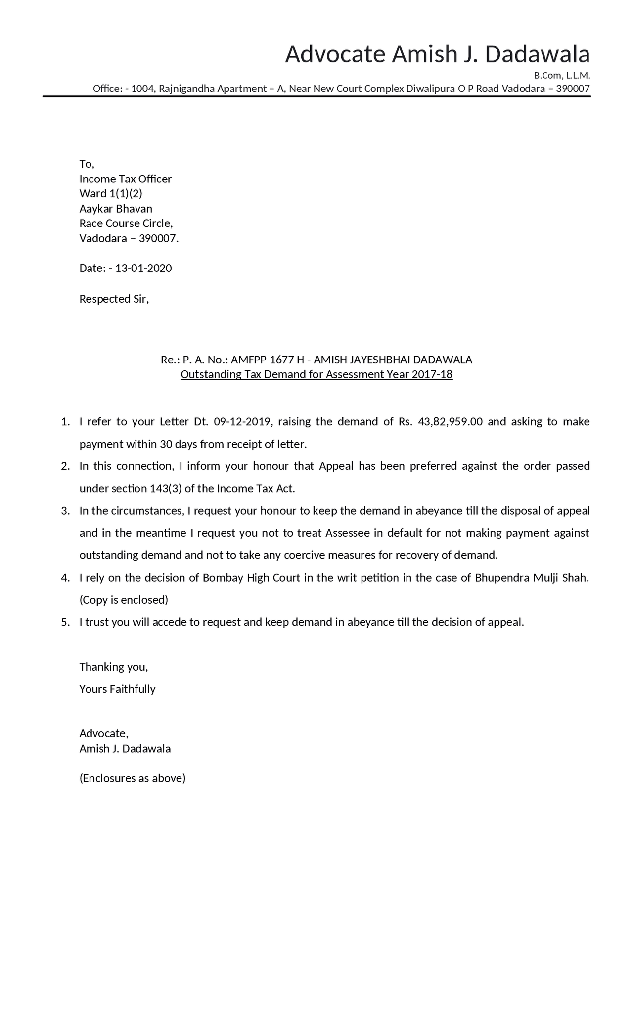 Draft copy of Stay Order Application against Order of Income Tax Demand ...