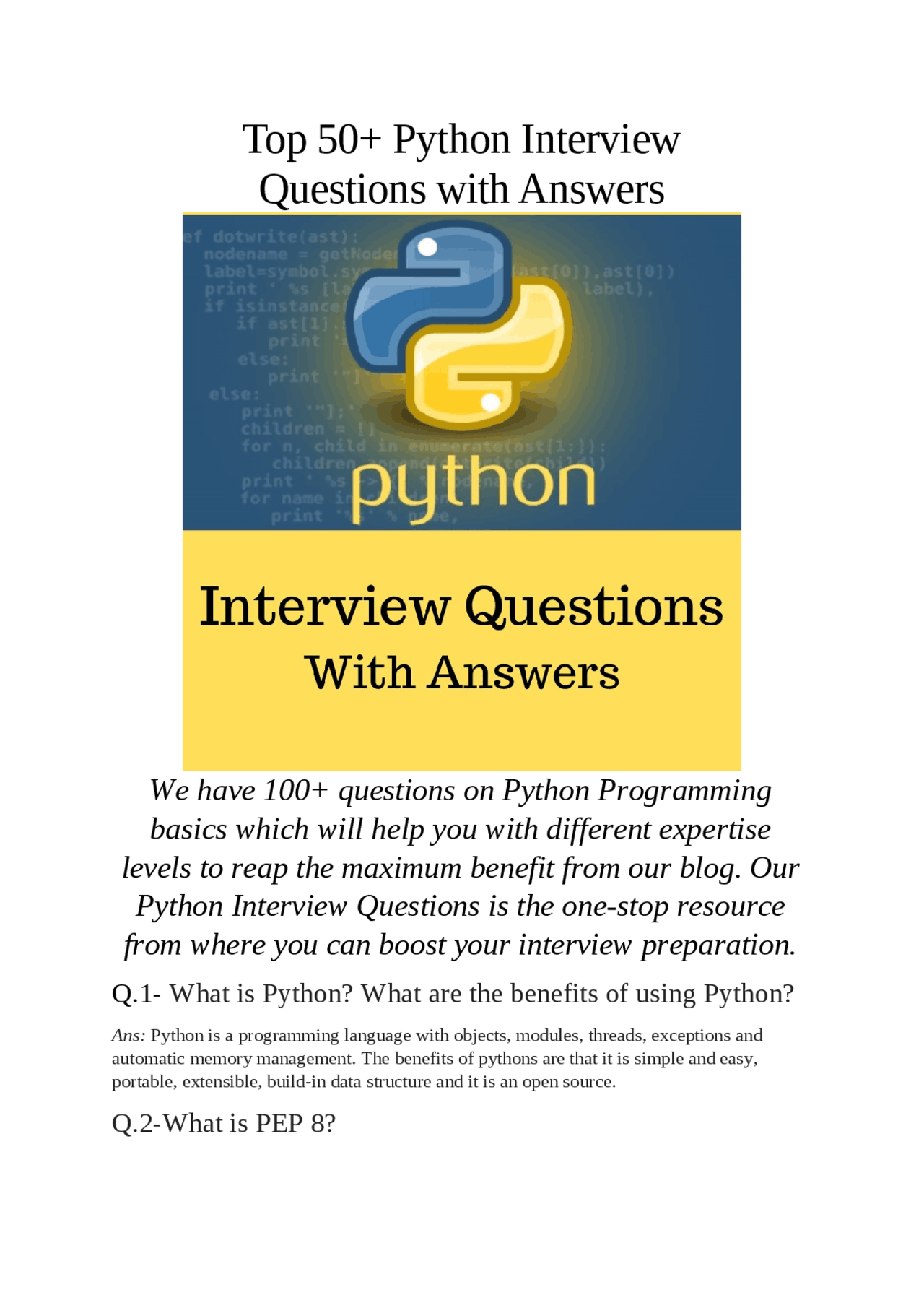 Top 50+ Python Interview Questions with Answers - Docsity