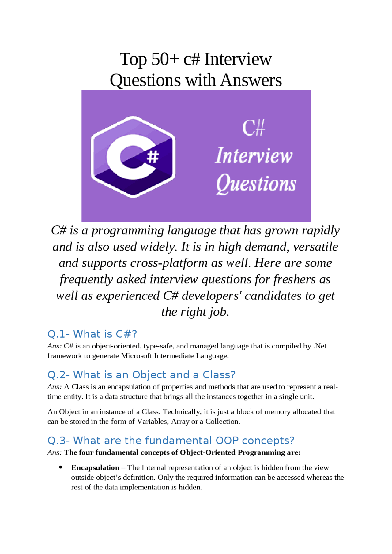 Top 50+ C# Interview Questions with Answers - Docsity