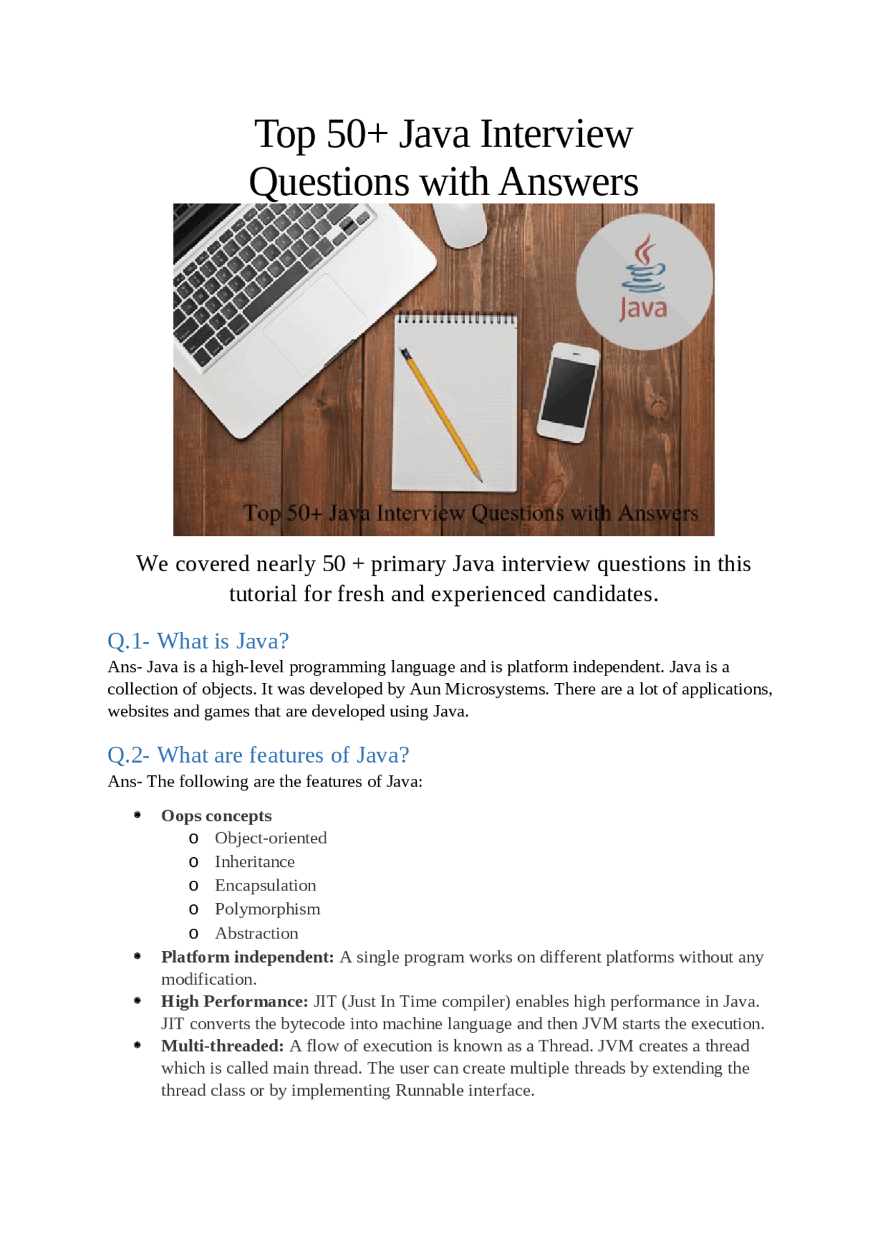 Top 50+ Java Interview Questions with Answers. - Docsity