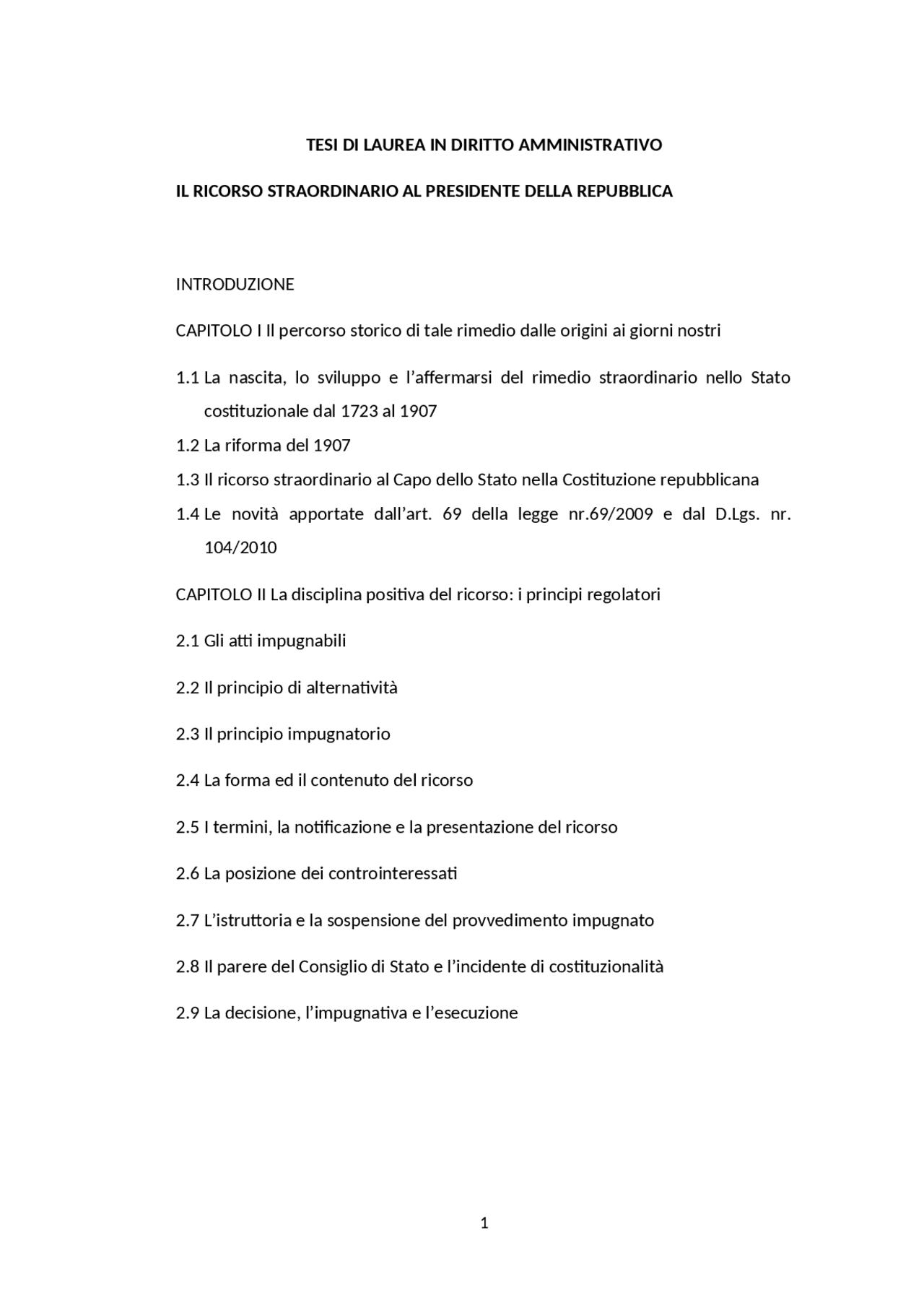 TESI RICORSO STRAORDINARIO AL CAPO DELLO