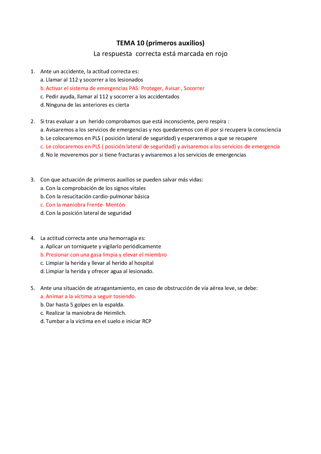 Test Primeros Auxilios Mc Graw Hill Test primeros auxilios | Apuntes de Química | Docsity