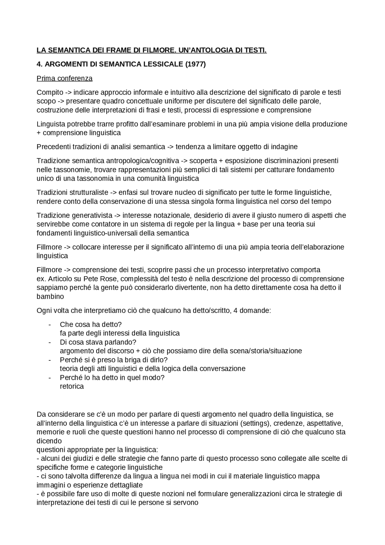 La semantica dei frame di Fillmore. Un'antologia di testi (cap. 4,7,8,9 ...