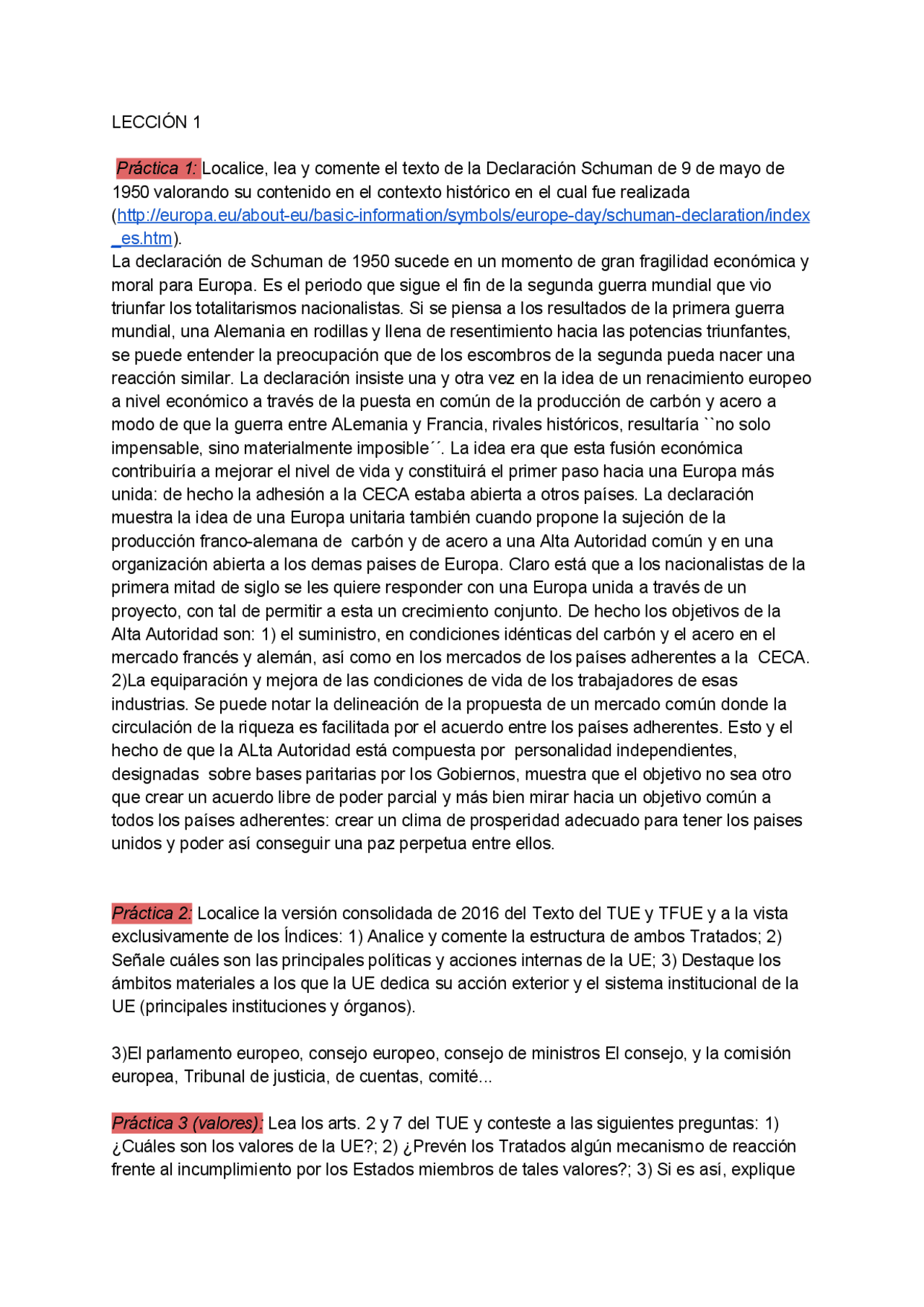 Practica Derecho de la Union Europea Leccion 1 - Docsity