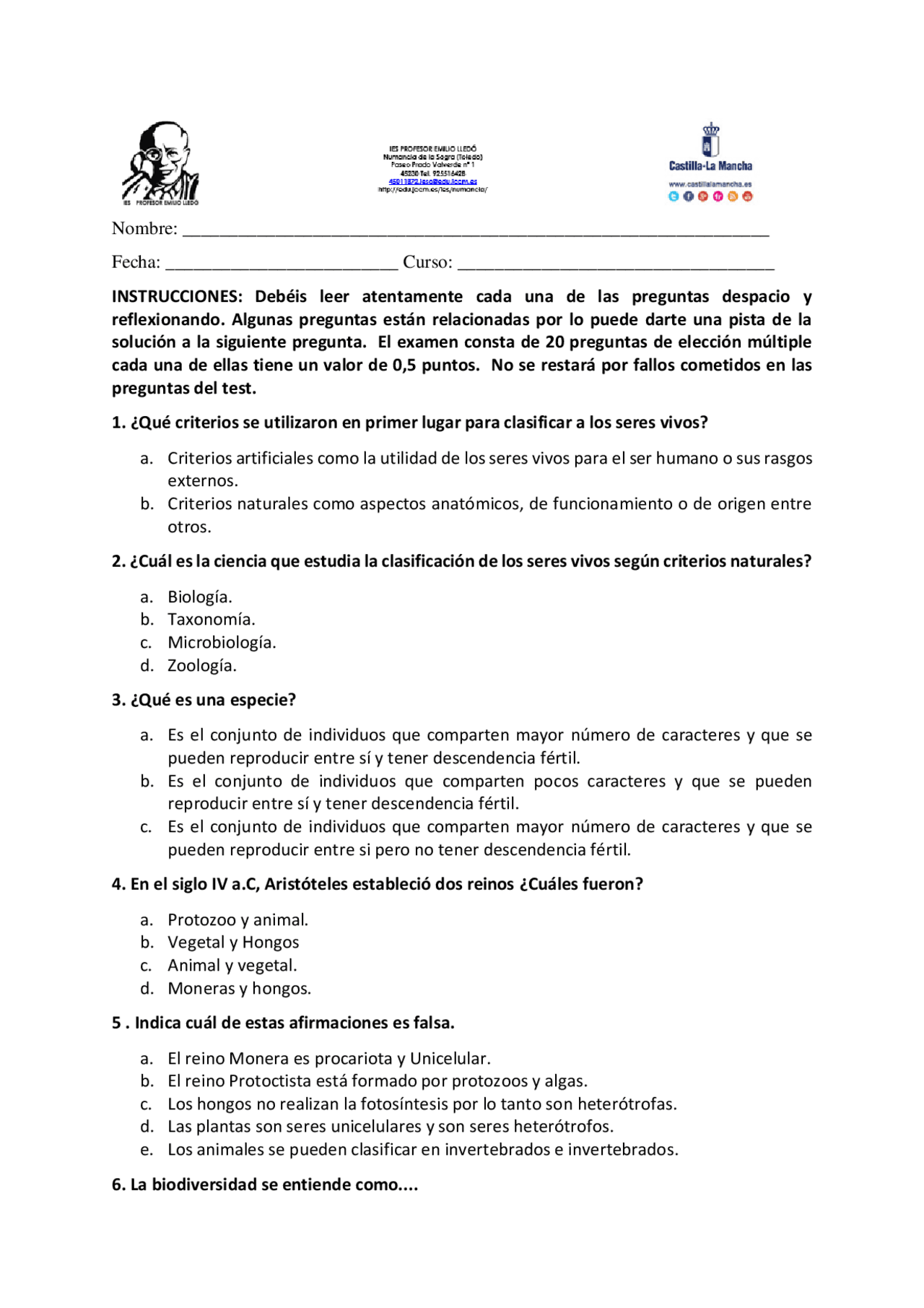 Examen clasificación de los reinos | Exámenes de Biología | Docsity