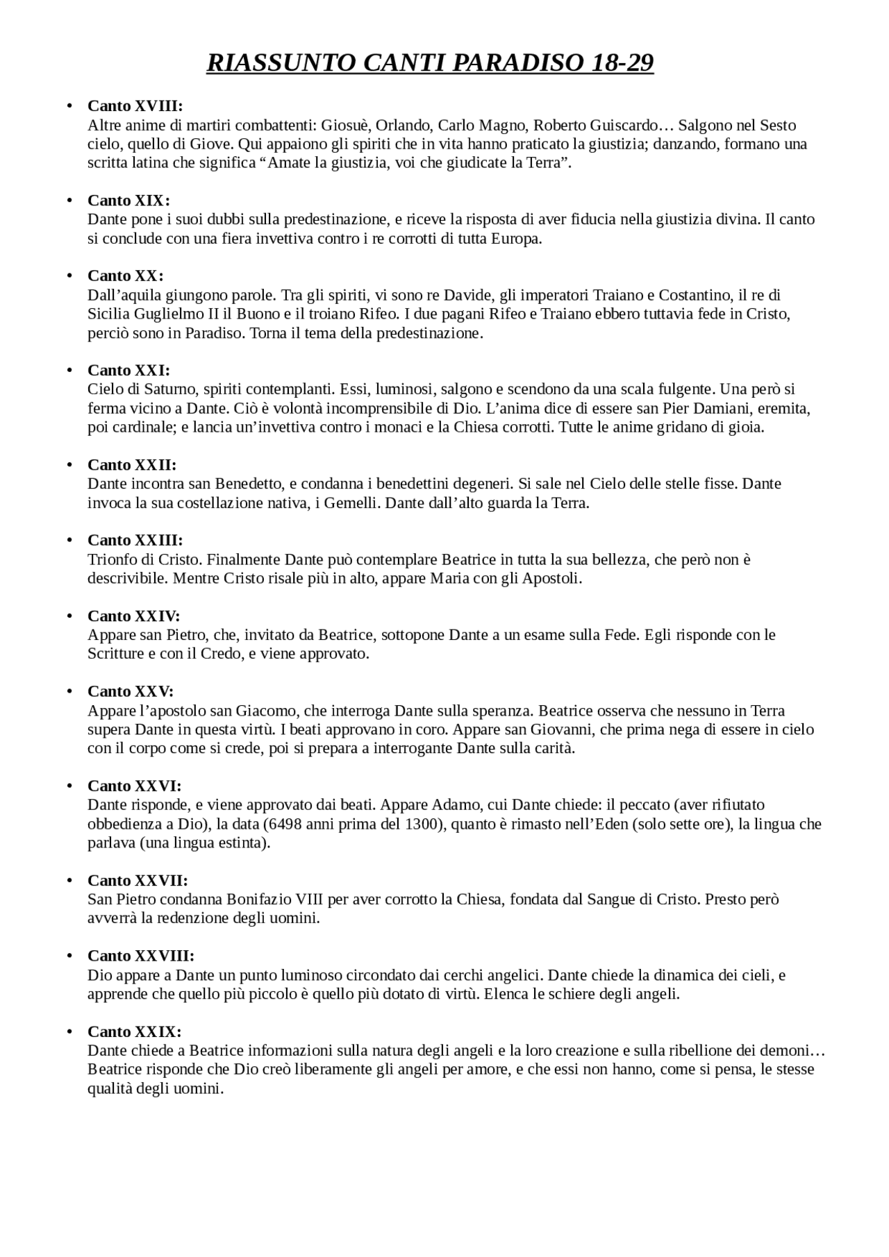 Riassunto canto 18/29 paradiso Docsity