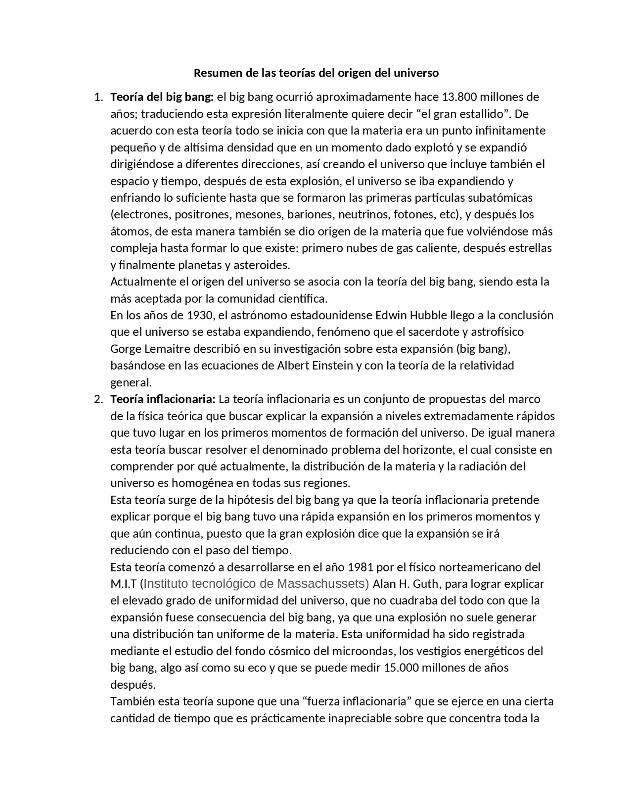 Resumen De Las Teorias Del Universo Docsity