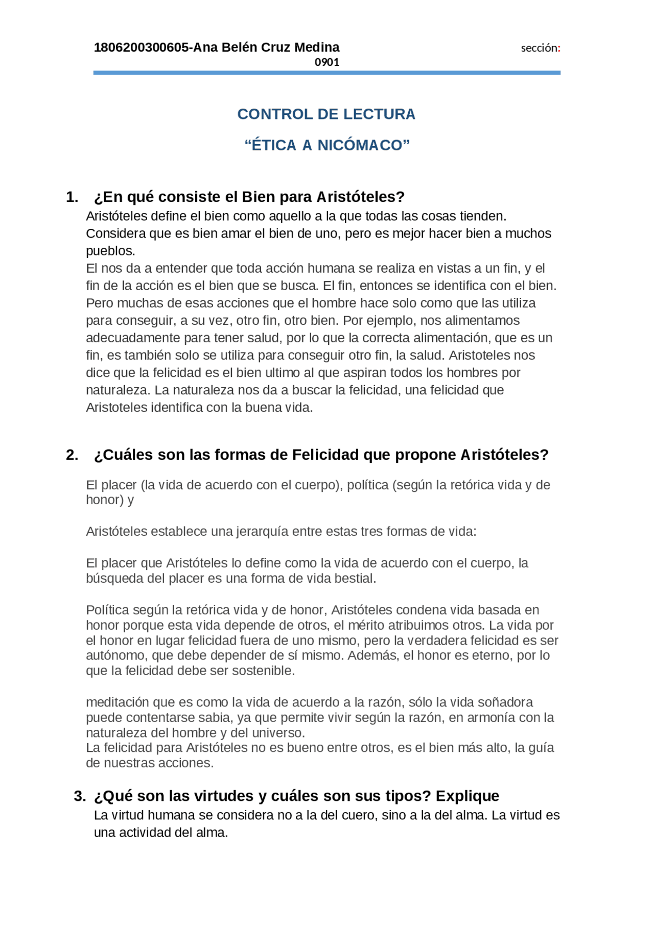 Control De Lectura Etica A Nicomaco Docsity