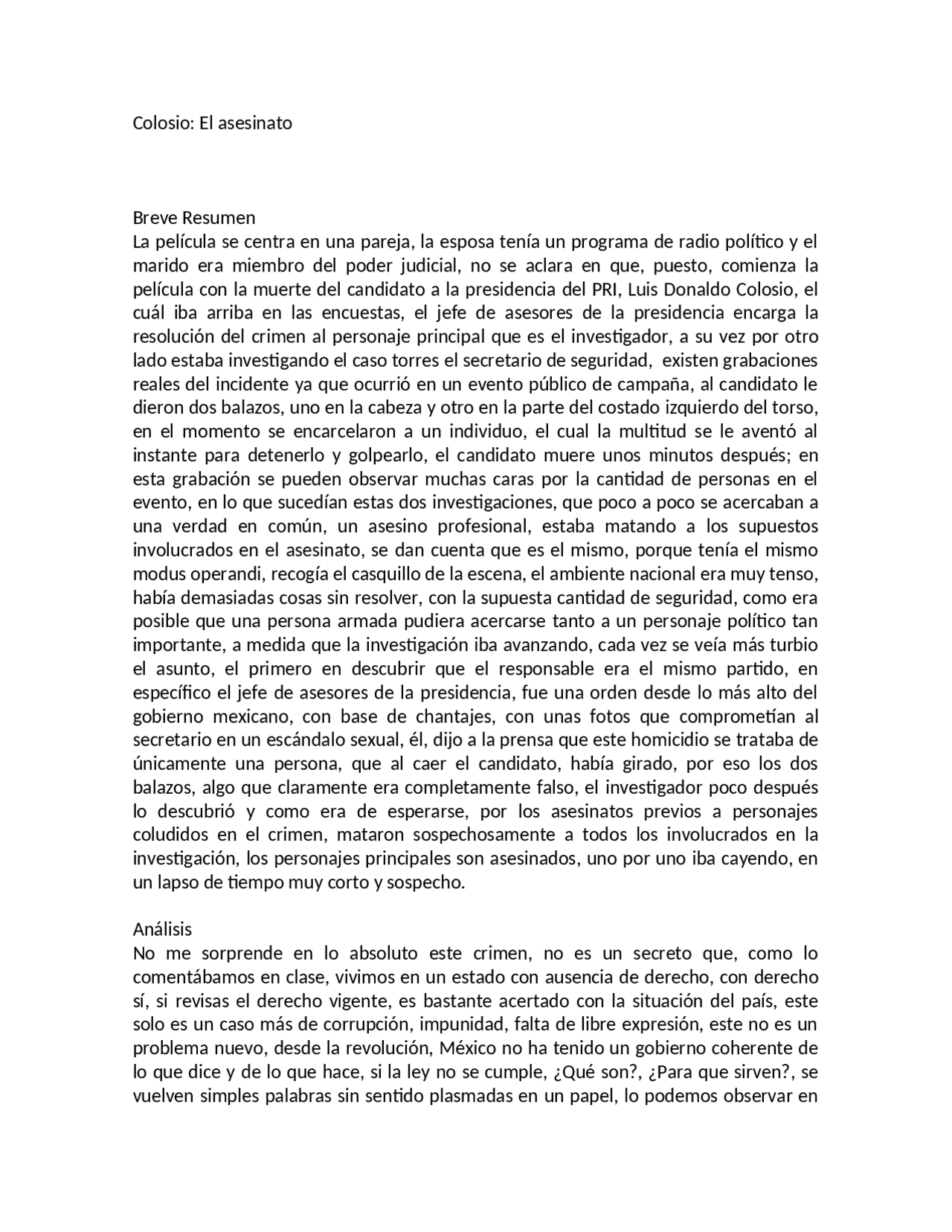 Resumen Pelicula Colosio Y Opinion Docsity