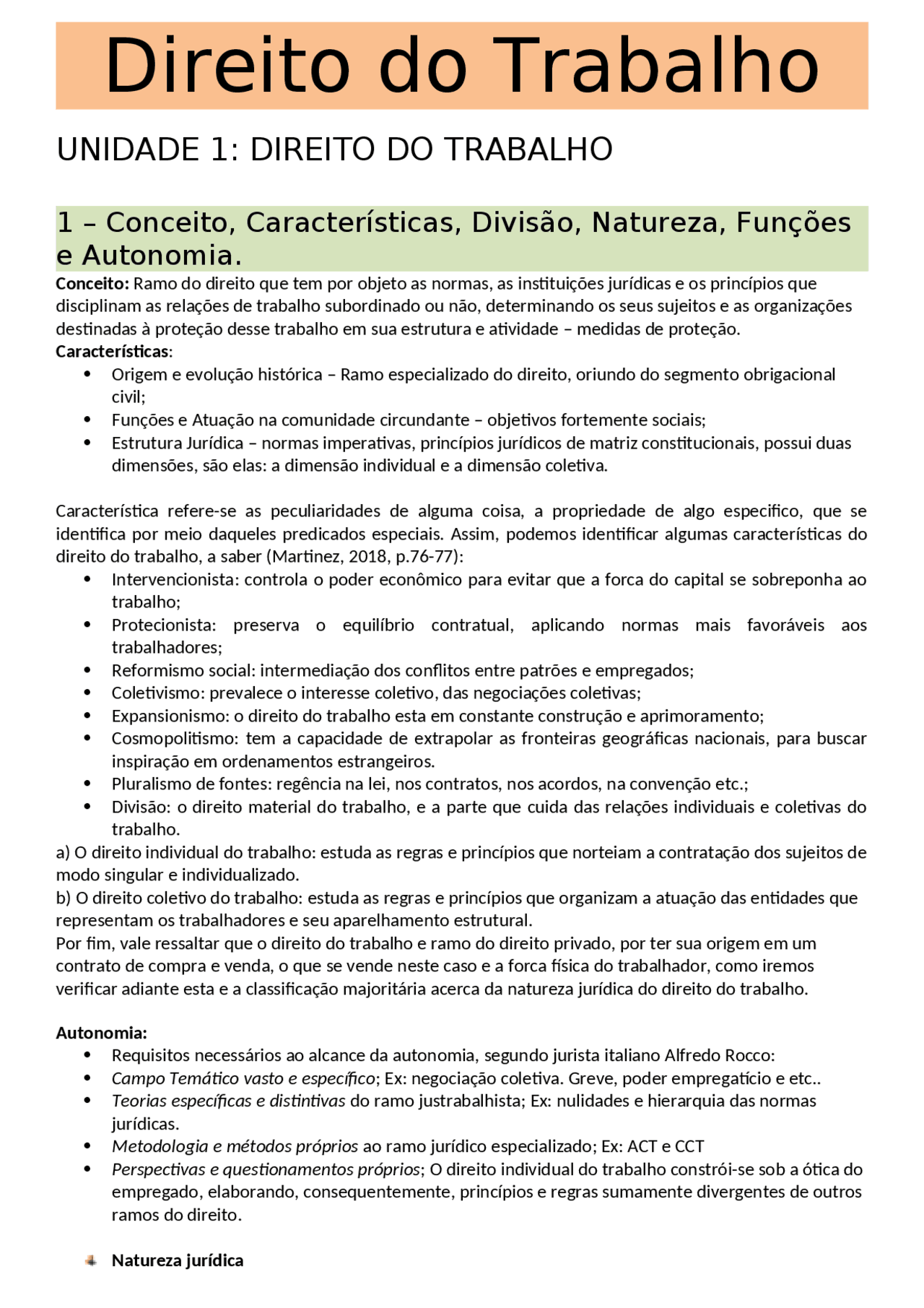 Resumo Direito do trabalho 1 | Resumos Direito do Trabalho | Docsity