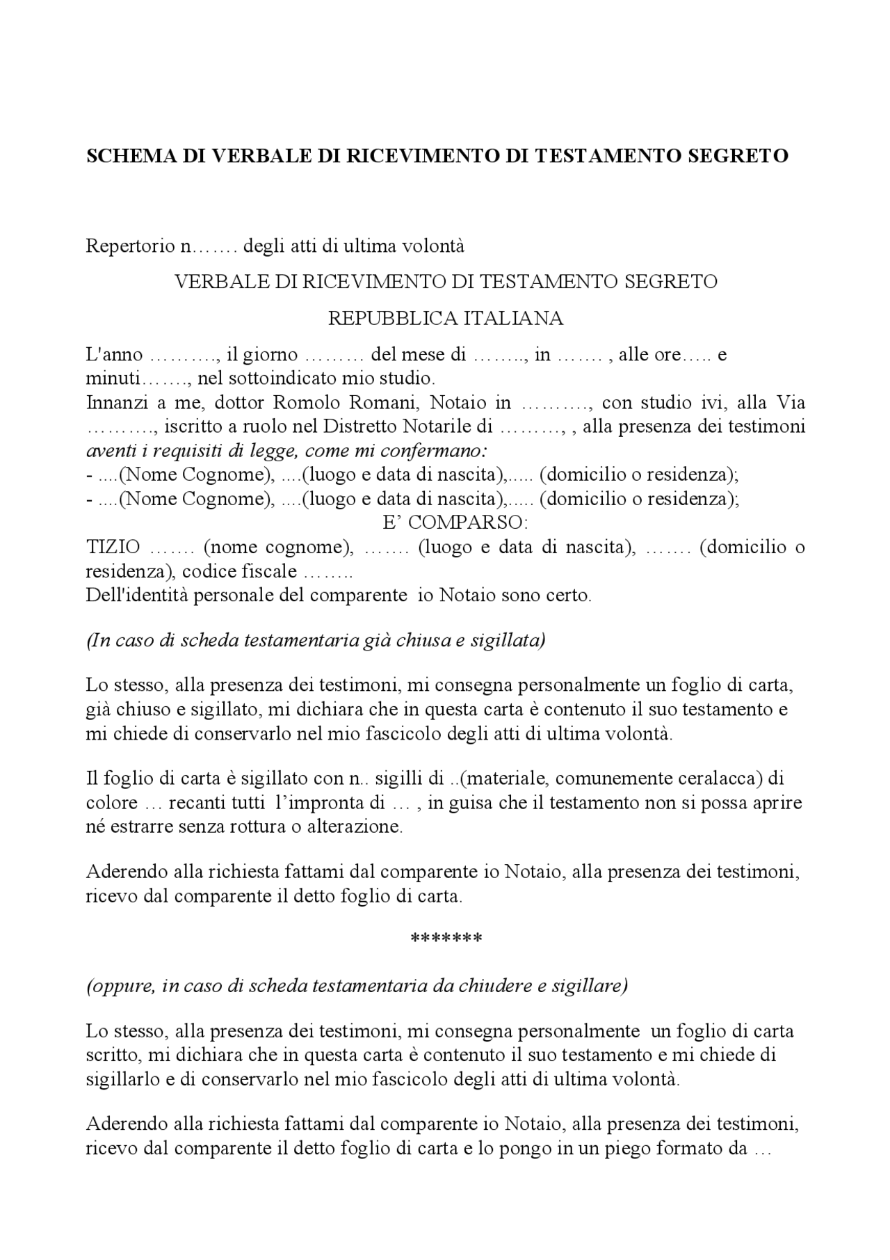 Testamento segreto verbale Docsity