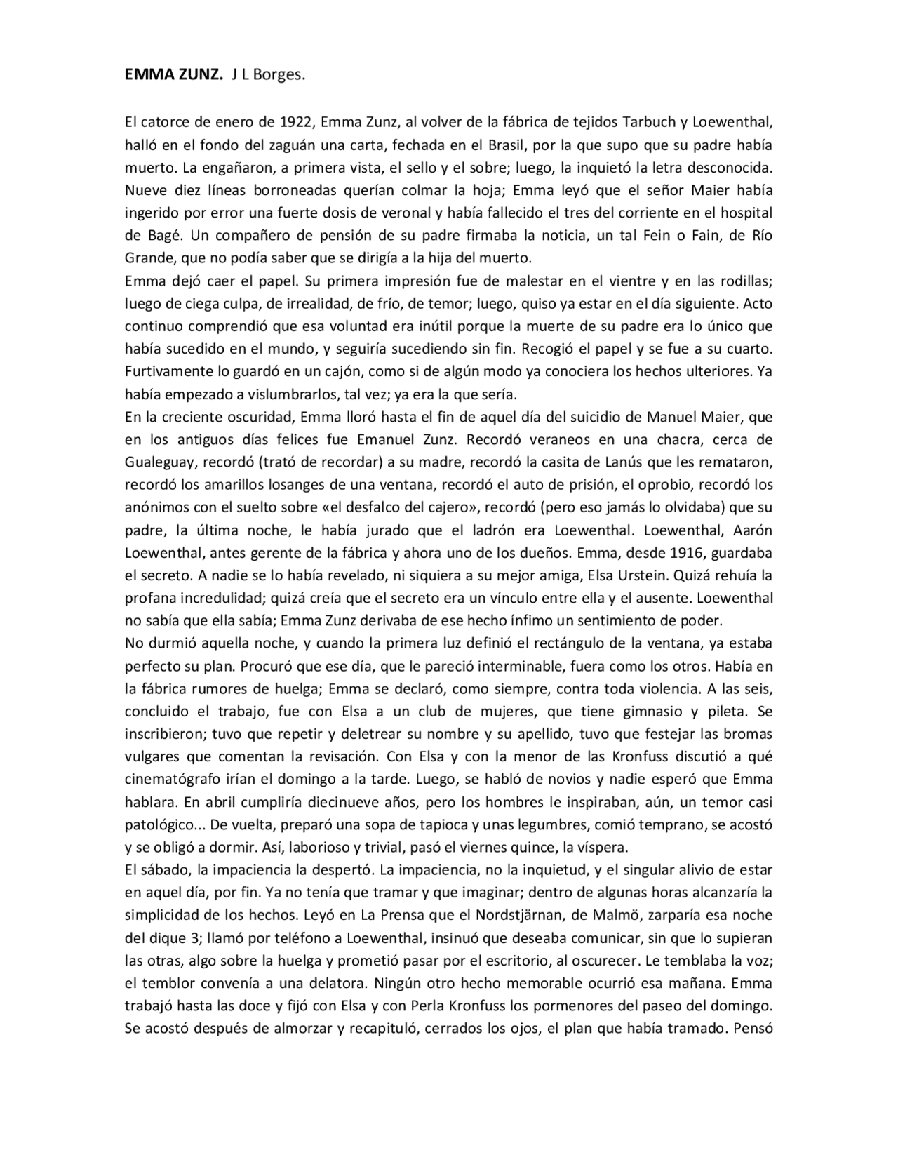 Resumen Emma Zunz De Borges Docsity