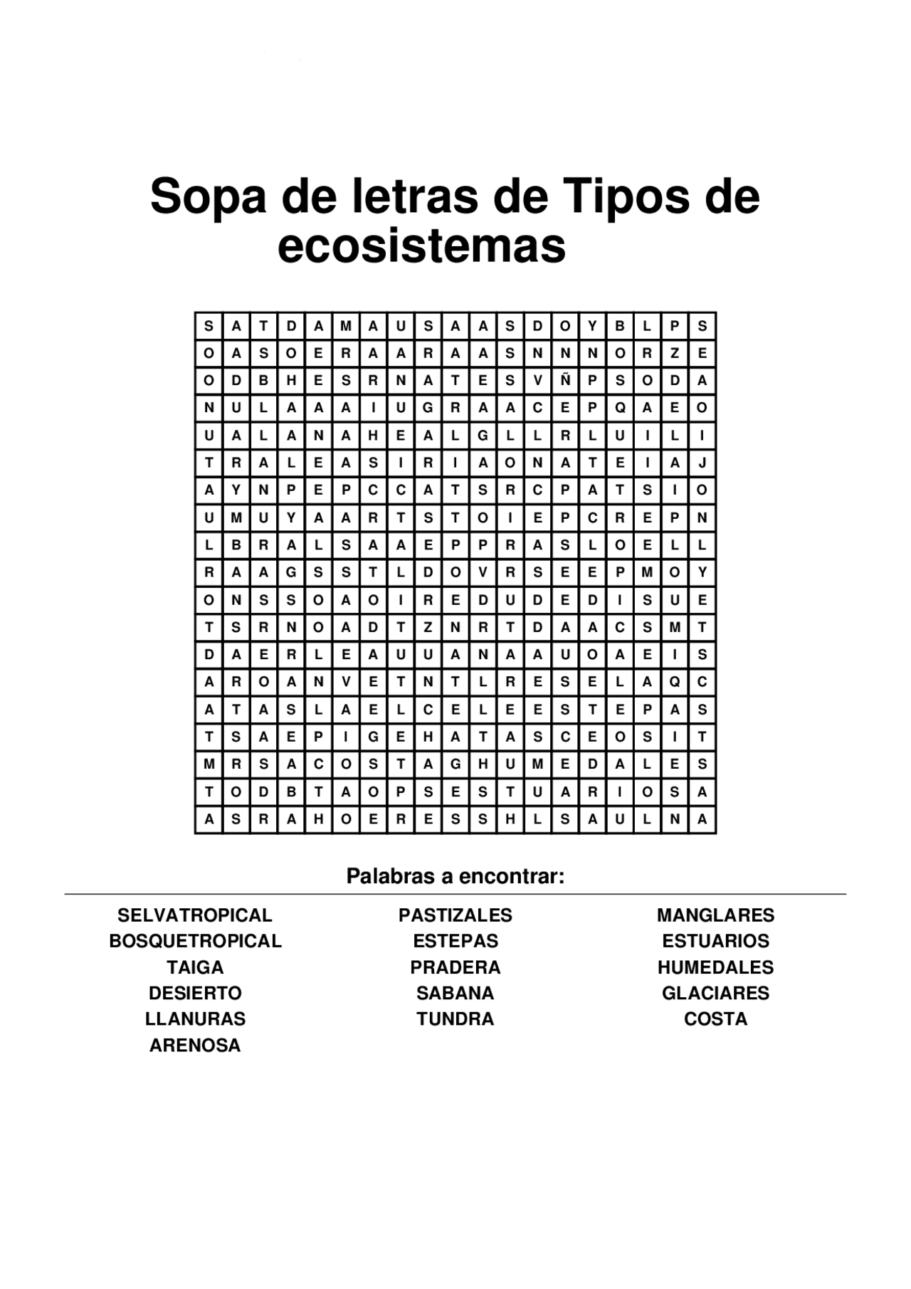 Sopa de letras de Ecosistemas - Docsity