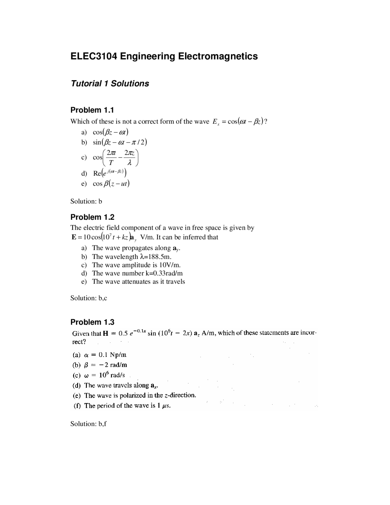 Elec3104 Tut1 Solutions | Exercises Electrical Engineering | Docsity