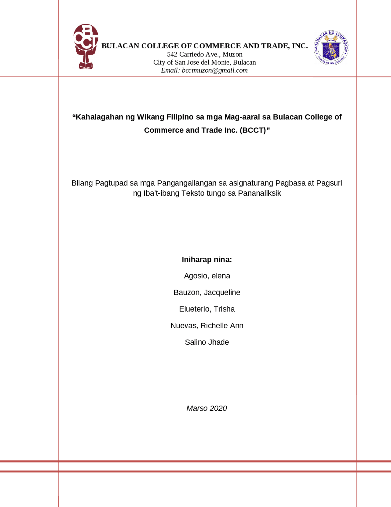 Title page of research in filipino | Thesis Historical Research | Docsity