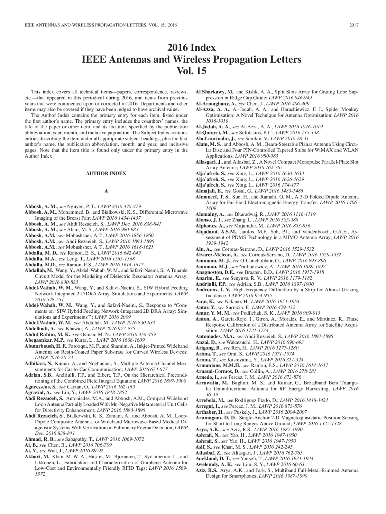 2016 Index IEEE Antennas and Wireless Propagation Letters Vol. 15 This