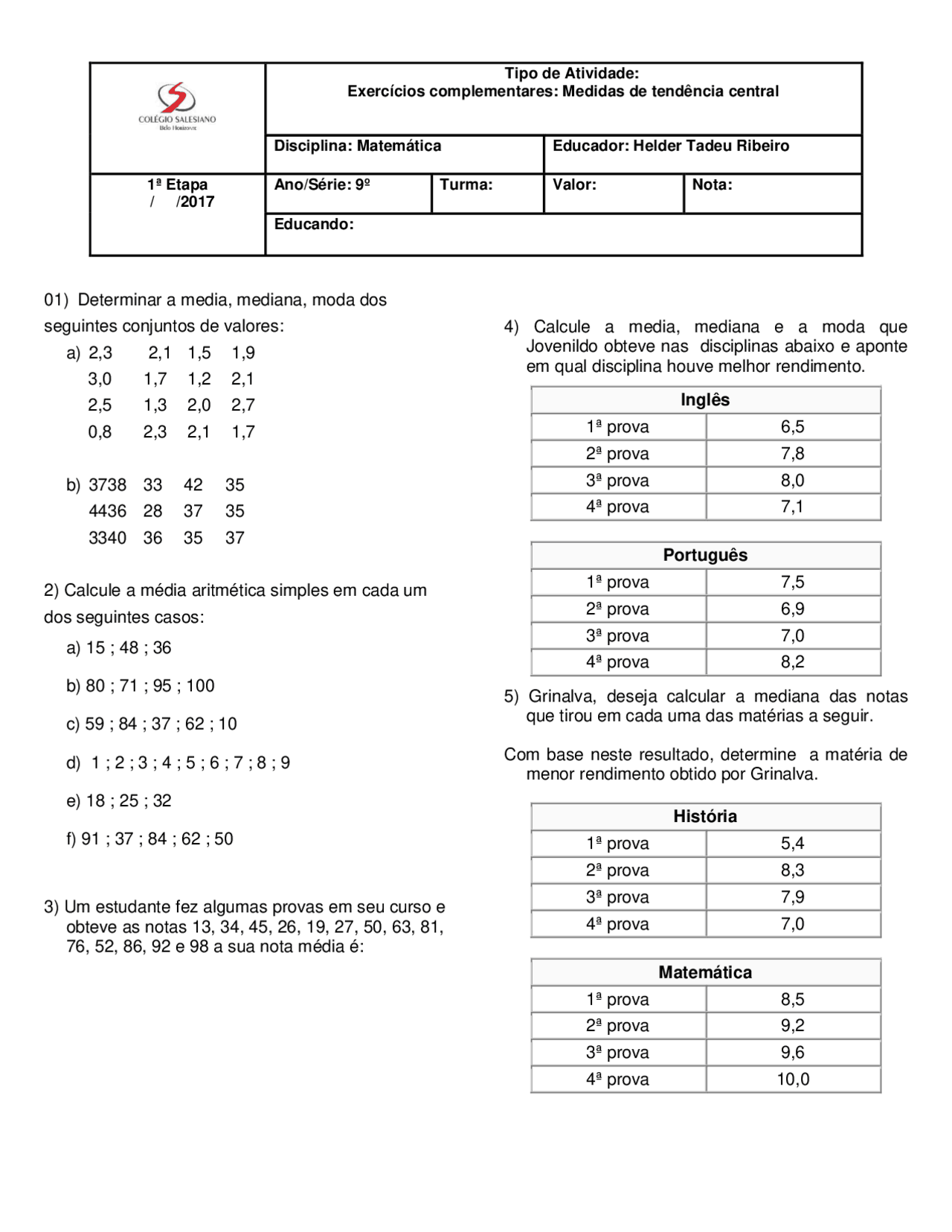 Exercícios Média Mediana E Moda - BINKEDU