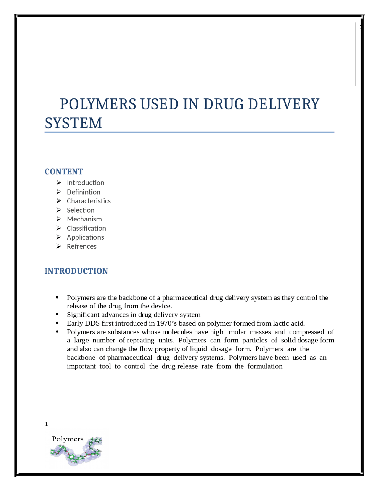POLYMERS USED IN DRUG DELIVERY SYSTEM | Lecture notes Pharmacy | Docsity