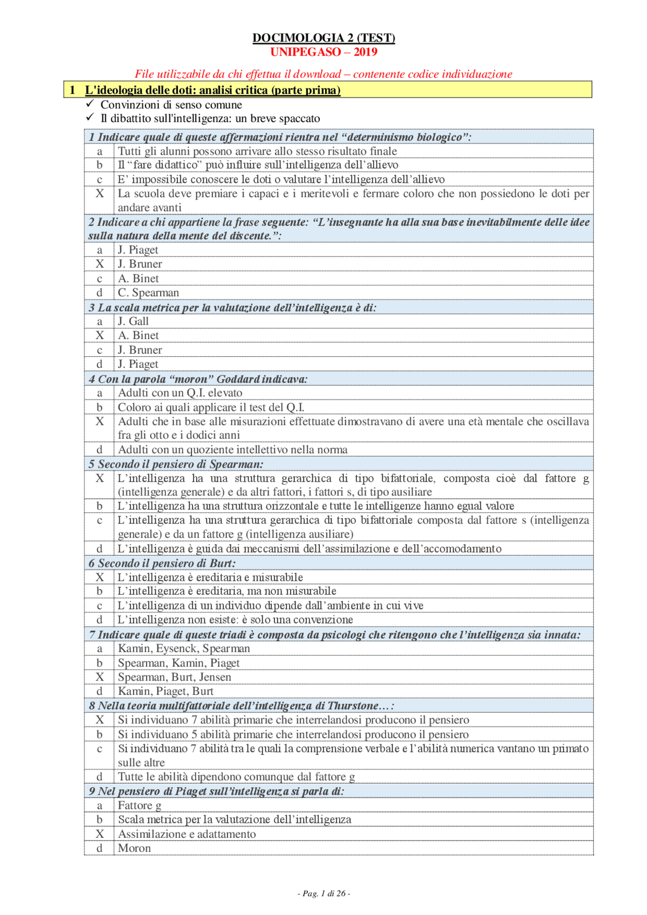 Unipegaso - Docimologia 2 (test 2019) - risposte - Paniere Esame - Docsity