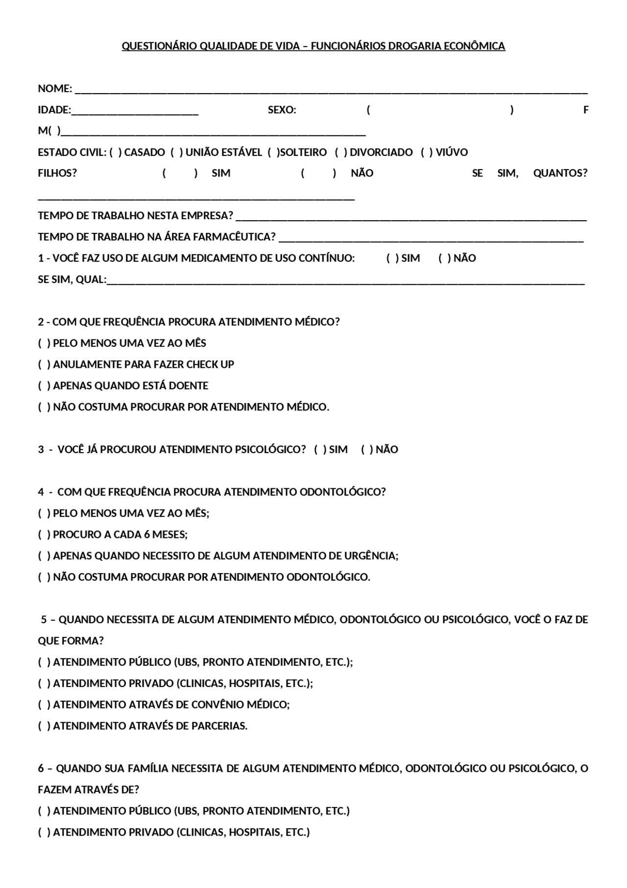 Questionário Qualidade de vida - Docsity