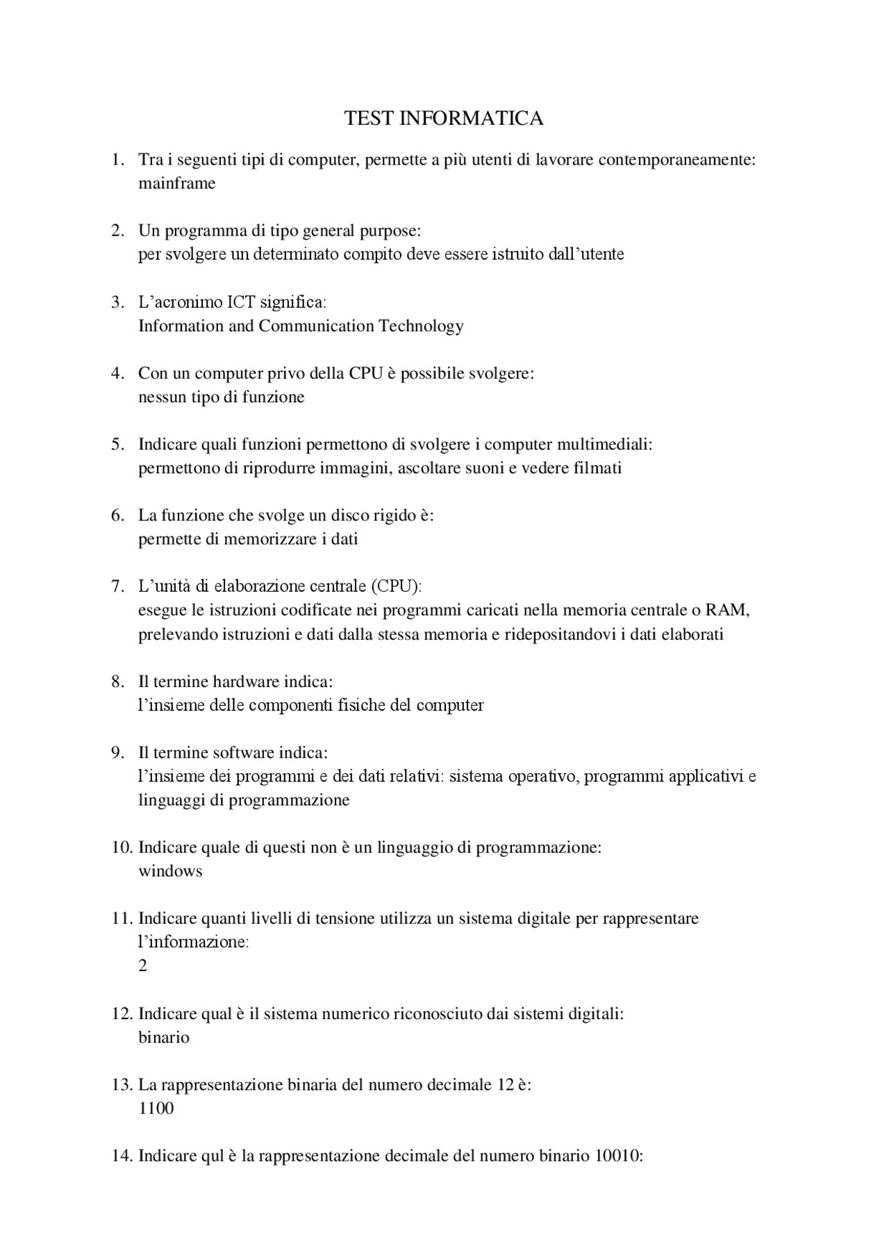 TEST INFORMATICA UNIPEGASO - Docsity