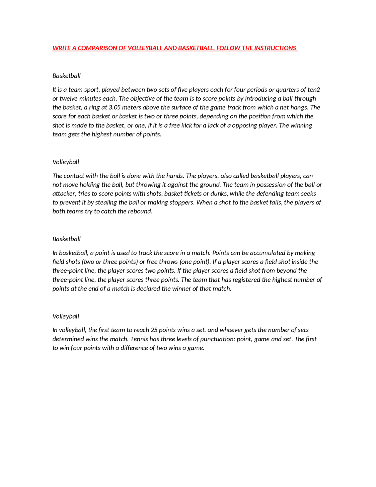 Write A Comparison OF Volleyball AND Basketball Apuntes de Inglés