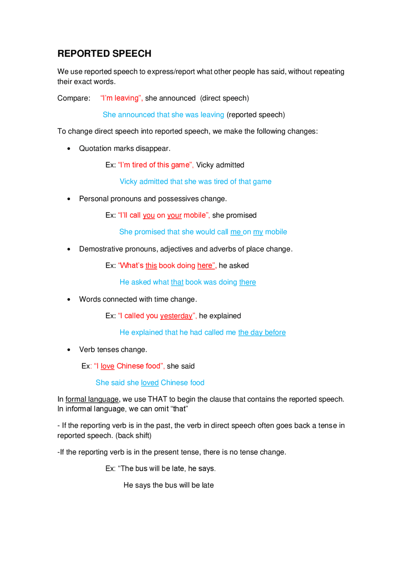 Apuntes reported speech | Study notes of English | Docsity