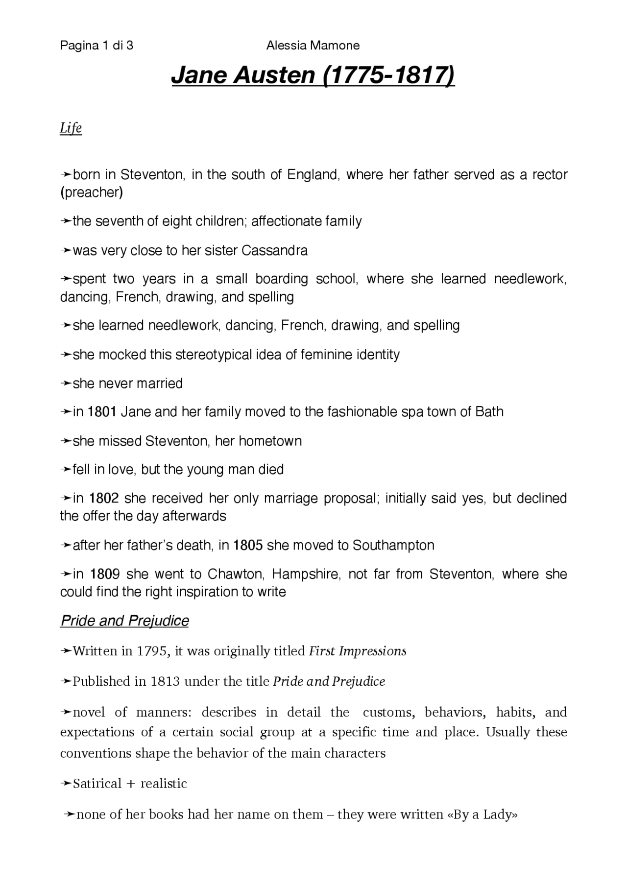 Study note of Jane Austen - Docsity