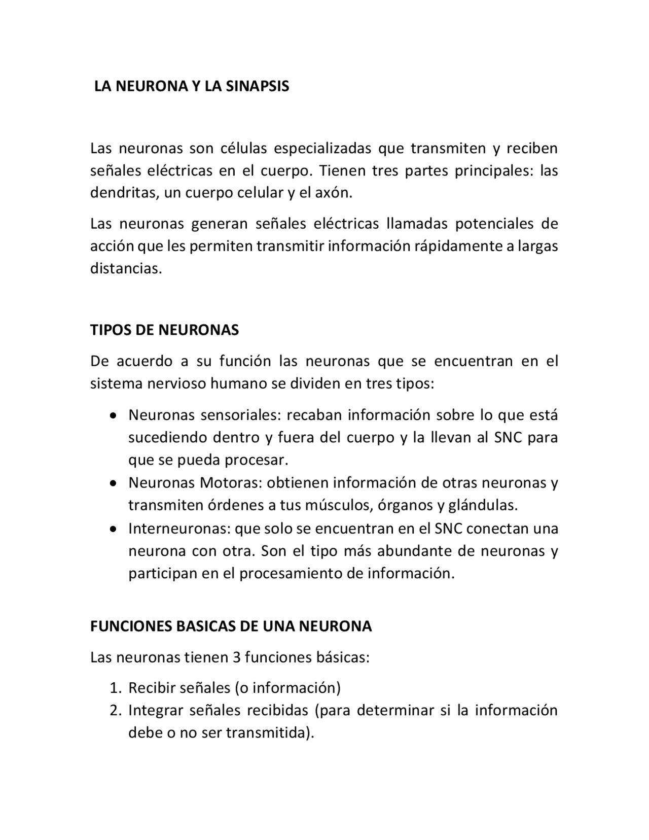 LA NEURONA Y LA SINAPSIS SISTEMA NERVIOSO. - Docsity