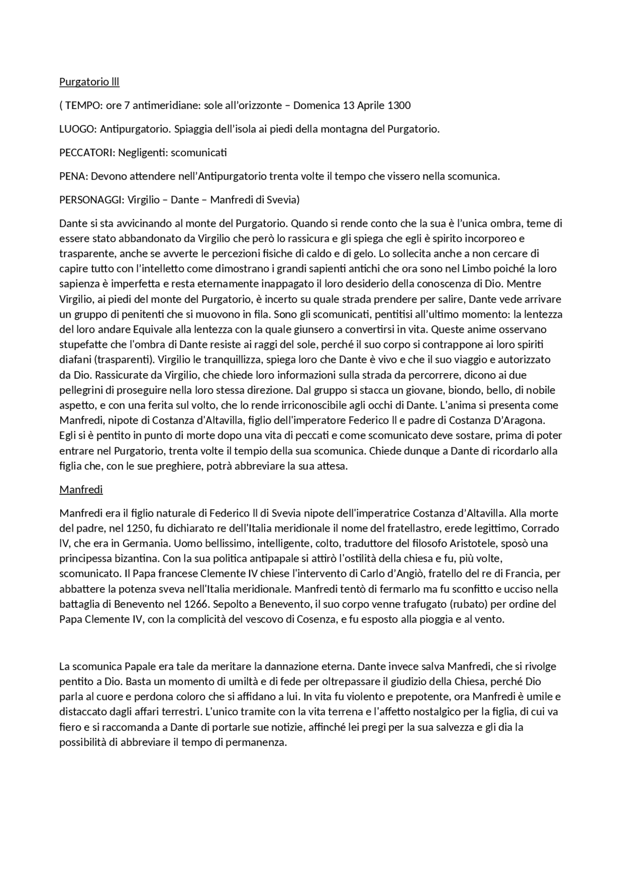 RIASSUNTO BREVE CANTO III PURGATORIO + BREVE DESCRIZIONE MANFREDI Appunti di Italiano Docsity