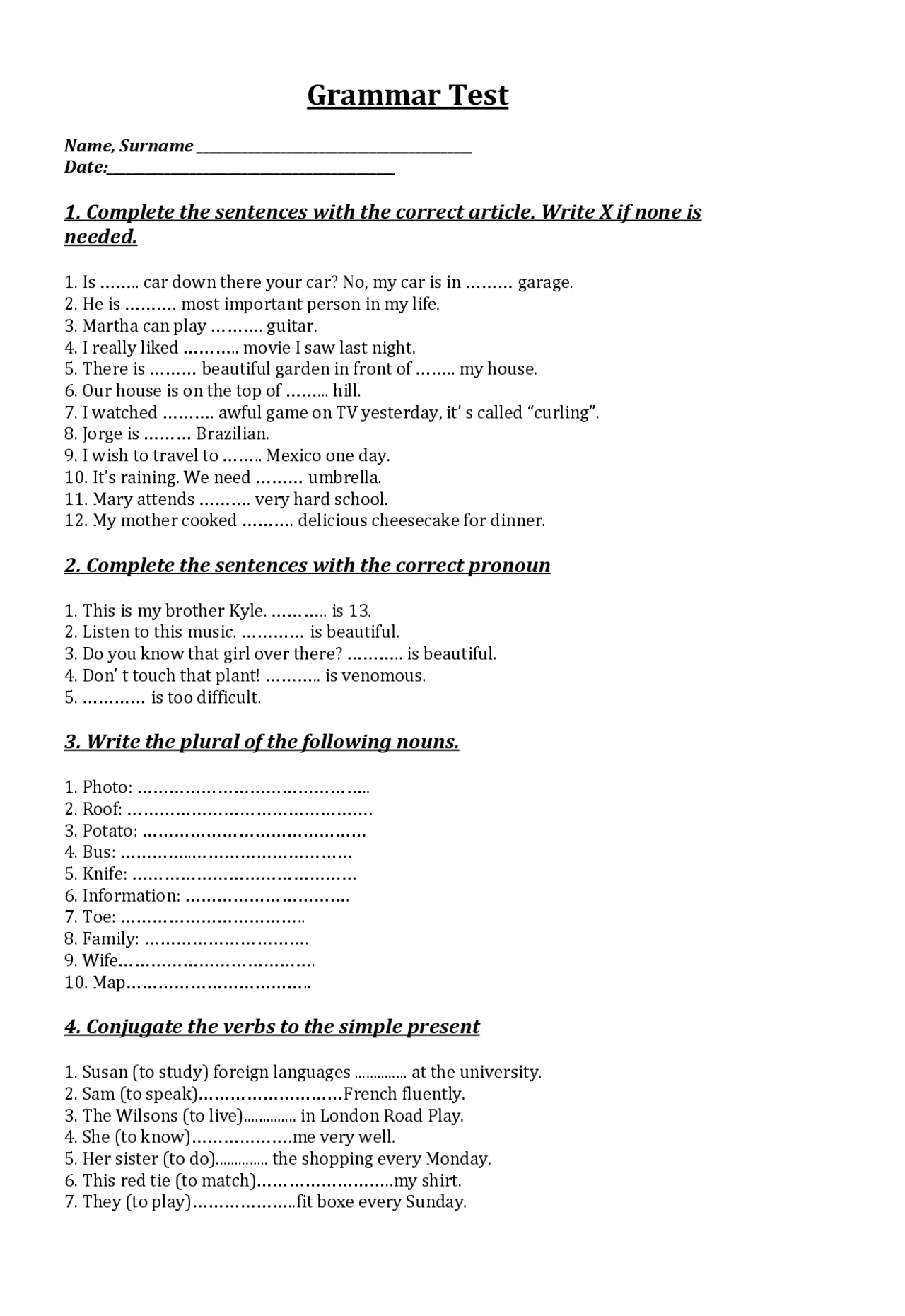 English basic test - grammar - Docsity