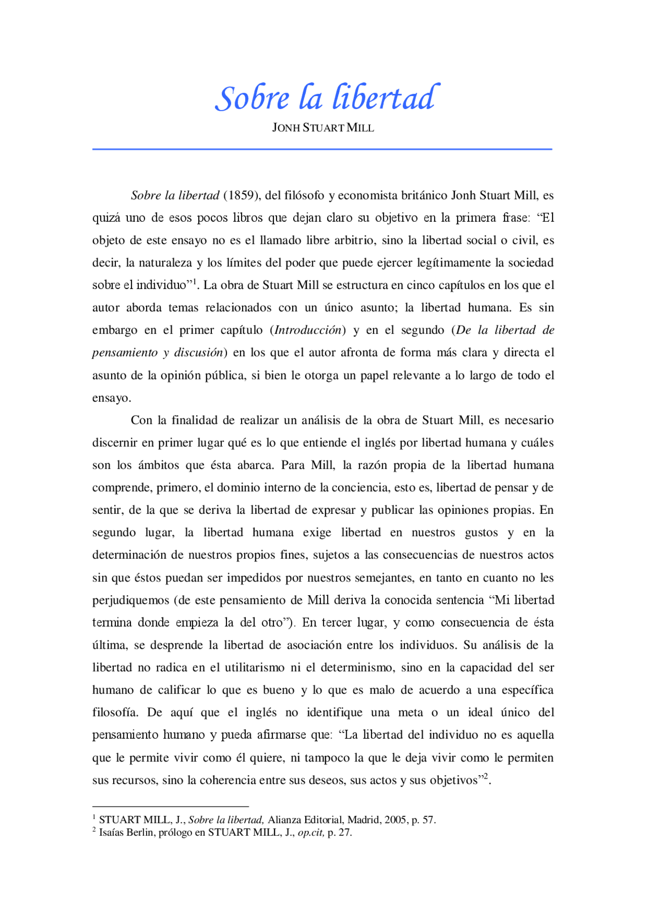 Sobre La Libertad Stuart Mill Docsity