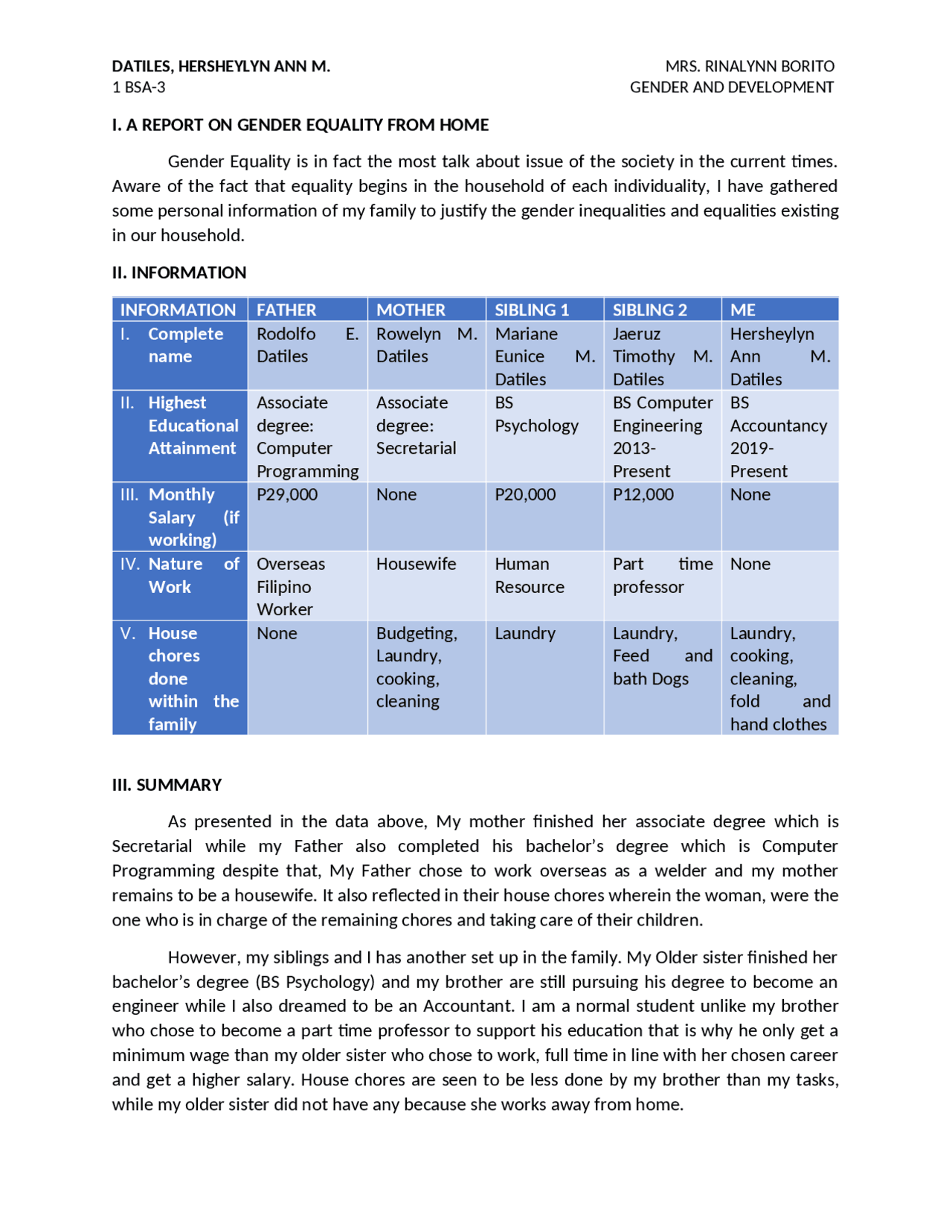 Gender equality inside the family household - Docsity
