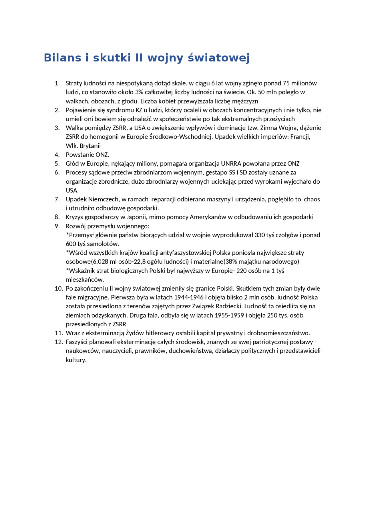 Bilans i skutki II wojny światowej | Notatki Historia | Docsity