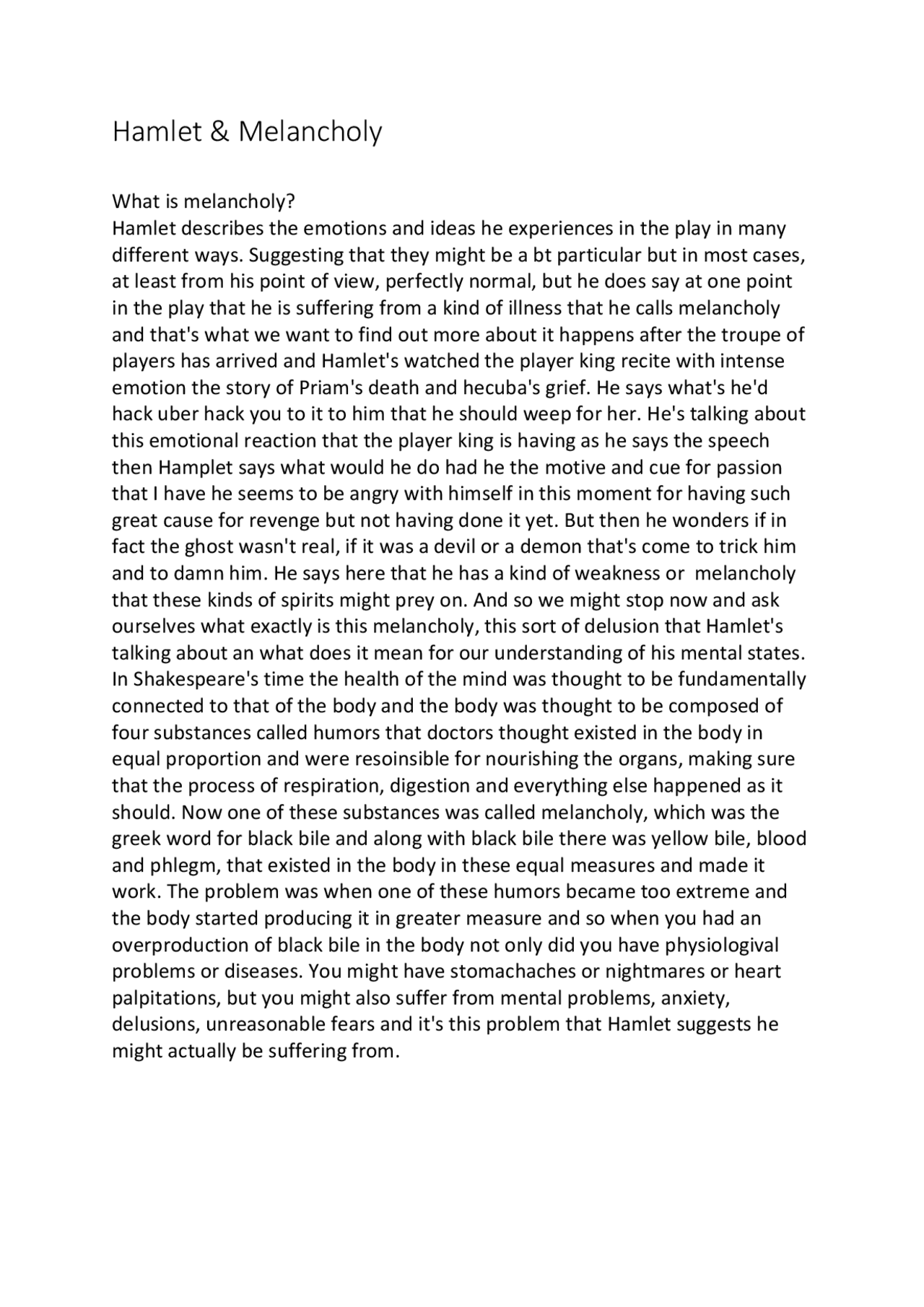 Hamlet & Melancholy William Shakespeare Résumés de Anglais Docsity